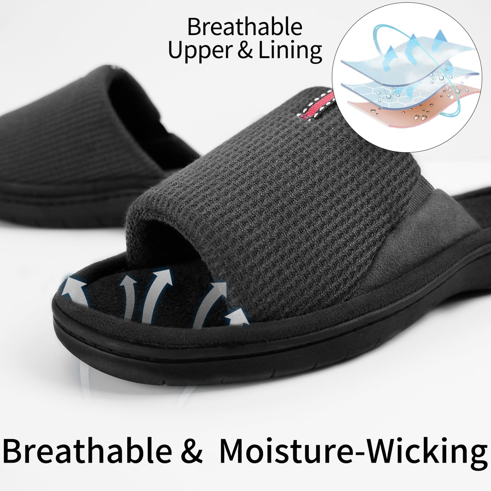 WALKFUN Men's Lightweight Open-Toe House Slippers - Soft Memory Foam Indoor Slides Sandals for Bedroom, Patio & Lounge - Comfortable All-Season Slippers for Relaxation at Home