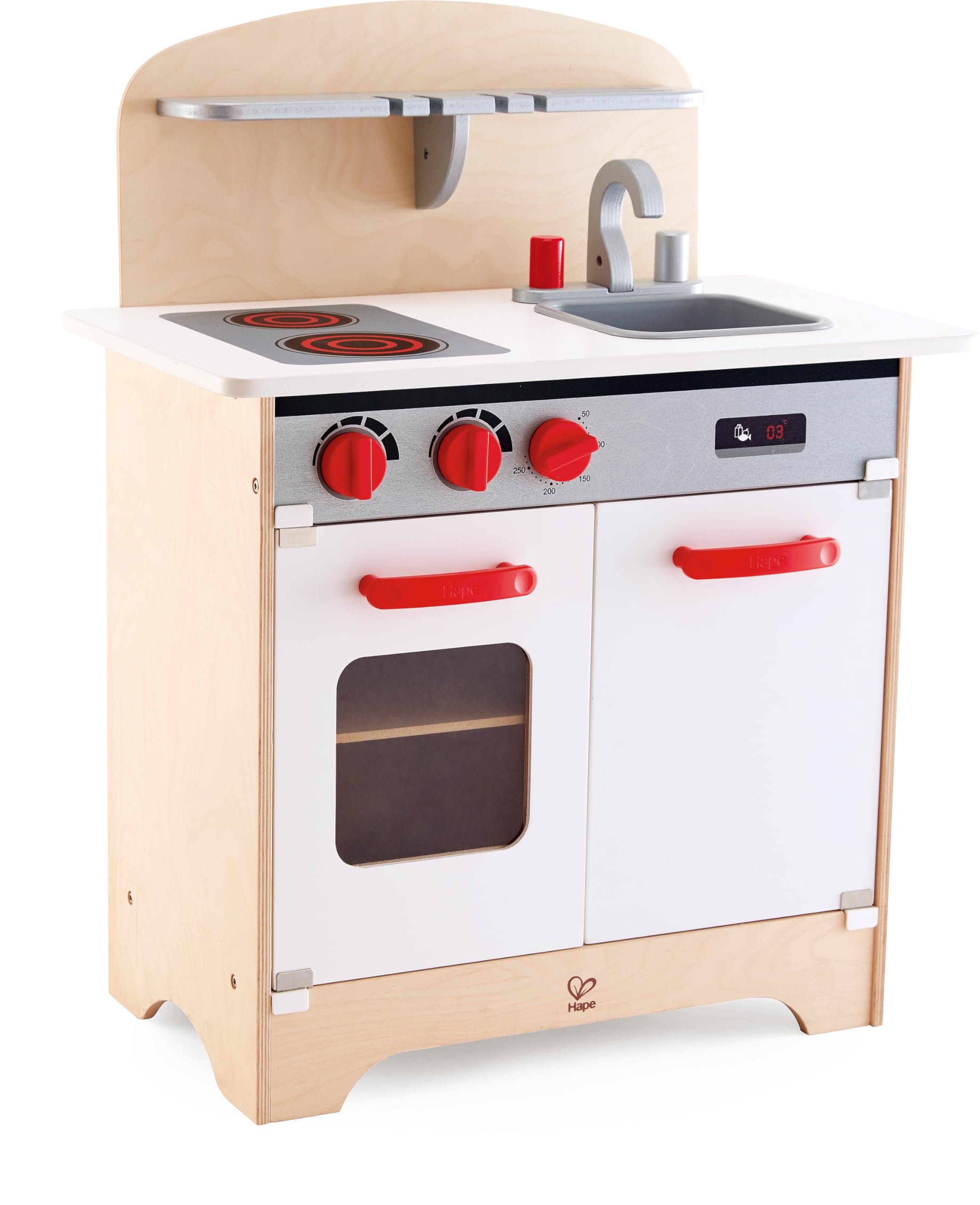 Hape Gourmet Kitchen Toy - Fully Equipped Wooden Pretend Play Kitchen Set with Sink, Stove, Oven, Storage Cabinet & Spice Rack - Perfect for Kids Role Play & Early Learning (Red)