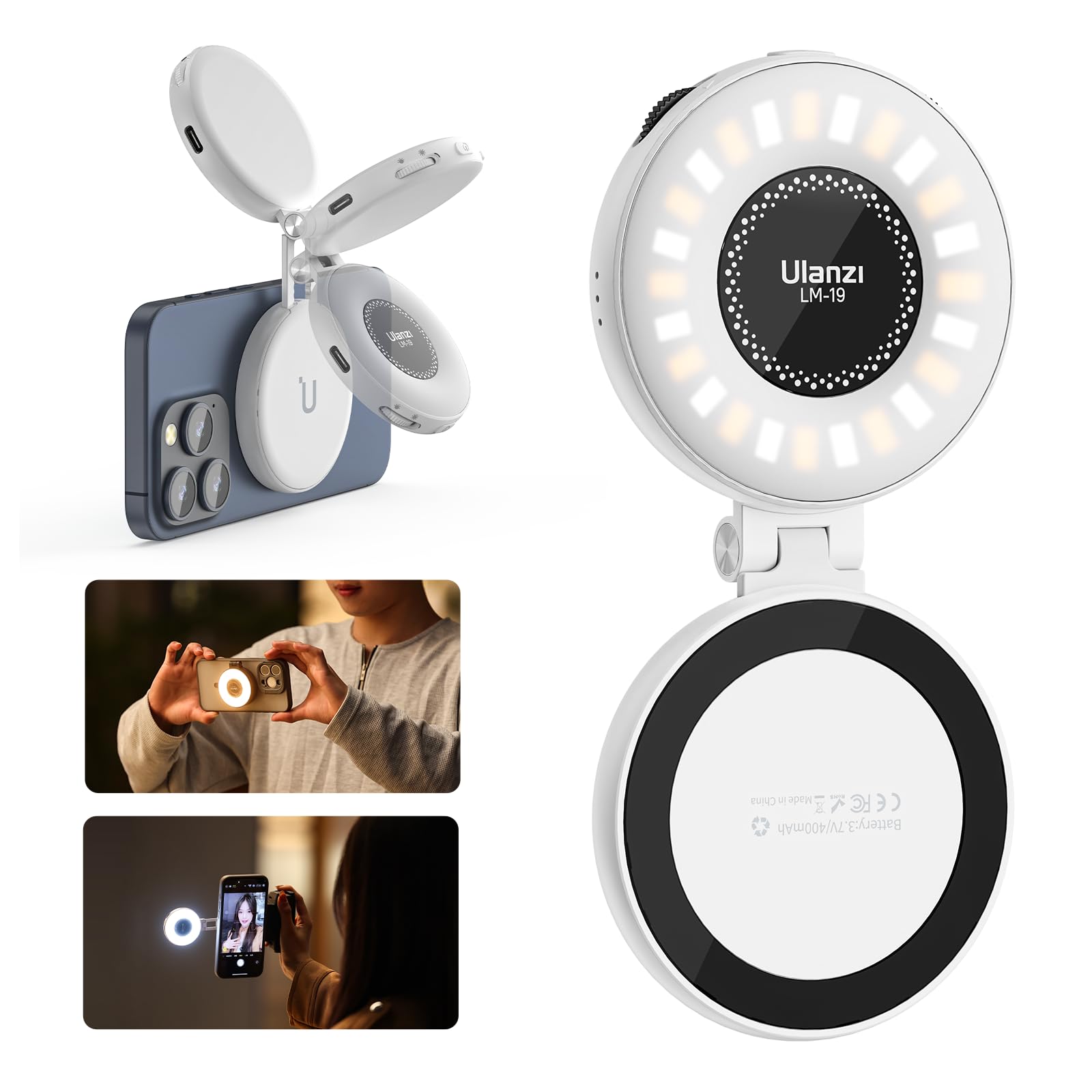 ULANZI Magnetic Selfie Light White - LED Fill Light with Magsafe Compatibility, Includes Sticky Ring & Selfie Ring Light - Perfect for iPhone Selfies, Photography, TikTok Videos, Zoom Meetings & Video Conferences - Ideal for Content Creators, Vloggers & Remote Workers