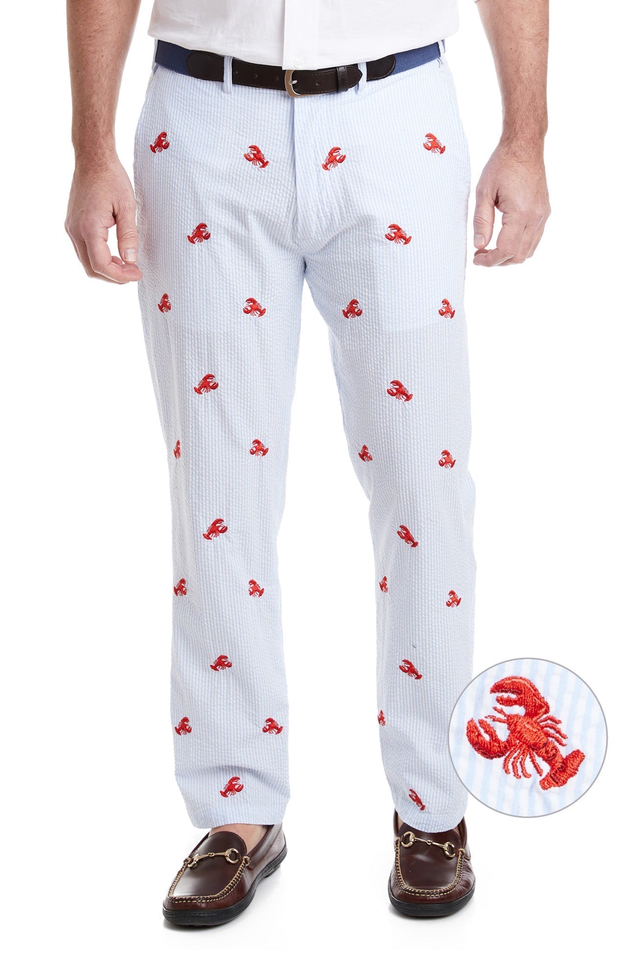 Men's Blue Seersucker Harbor Pants with Lobster Print - Casual Summer Beachwear for Outdoor Activities and Vacations