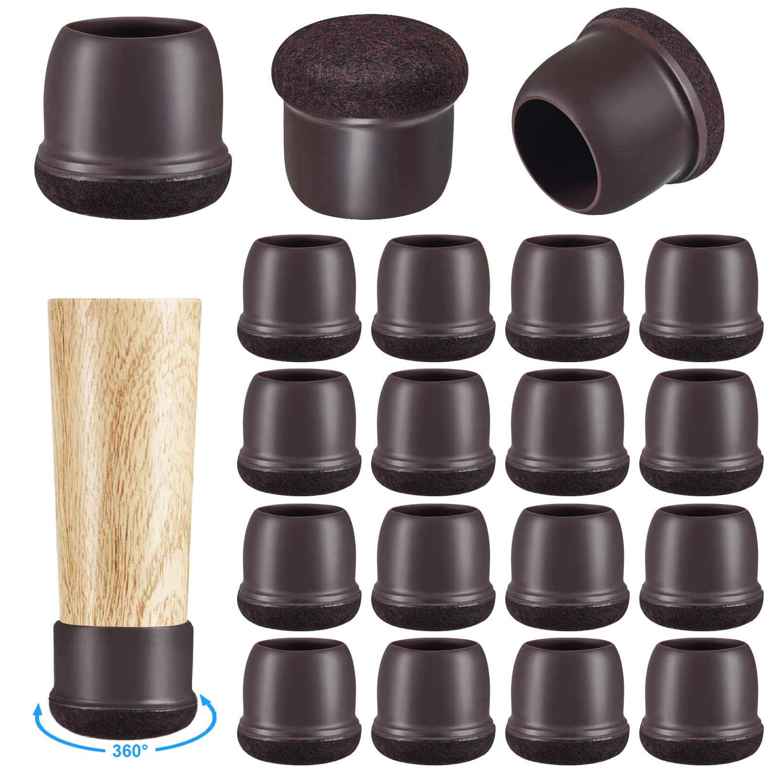 16 Pack Chair Leg Floor Protectors for Hardwood Floors - Round Rubber Furniture Sliders with 360° Felt Pad Bottom, Thickening Silicone Leg Caps (Walnut, Large) - Perfect for Dining Chairs, Office Furniture & Home Decor Protection
