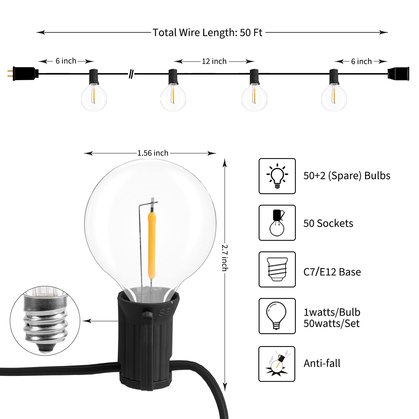 Brightown 50Ft Outdoor LED String Lights with 52 Shatterproof G40 Bulbs (2 Spare) - Waterproof Hanging Globe Lights for Patio, Backyard, Porch, Balcony & Bistro Decor - E12 Socket, 2200K Warm White - Perfect for Parties, Weddings & Outdoor Dining