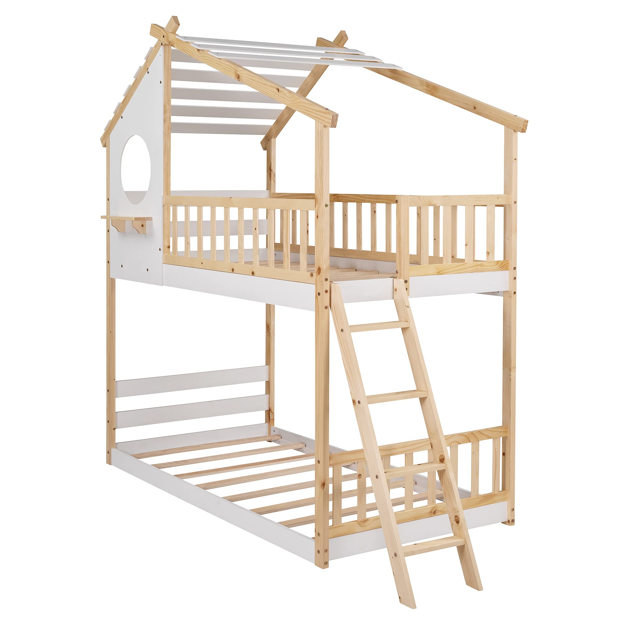 Twin Over Twin Wooden Bunk Bed Frame with Pitched Roof, Window & Ladder - Playhouse Style for Kids, Teens, Boys & Girls (Natural Finish) | Perfect for Bedrooms, Playrooms & Small Spaces