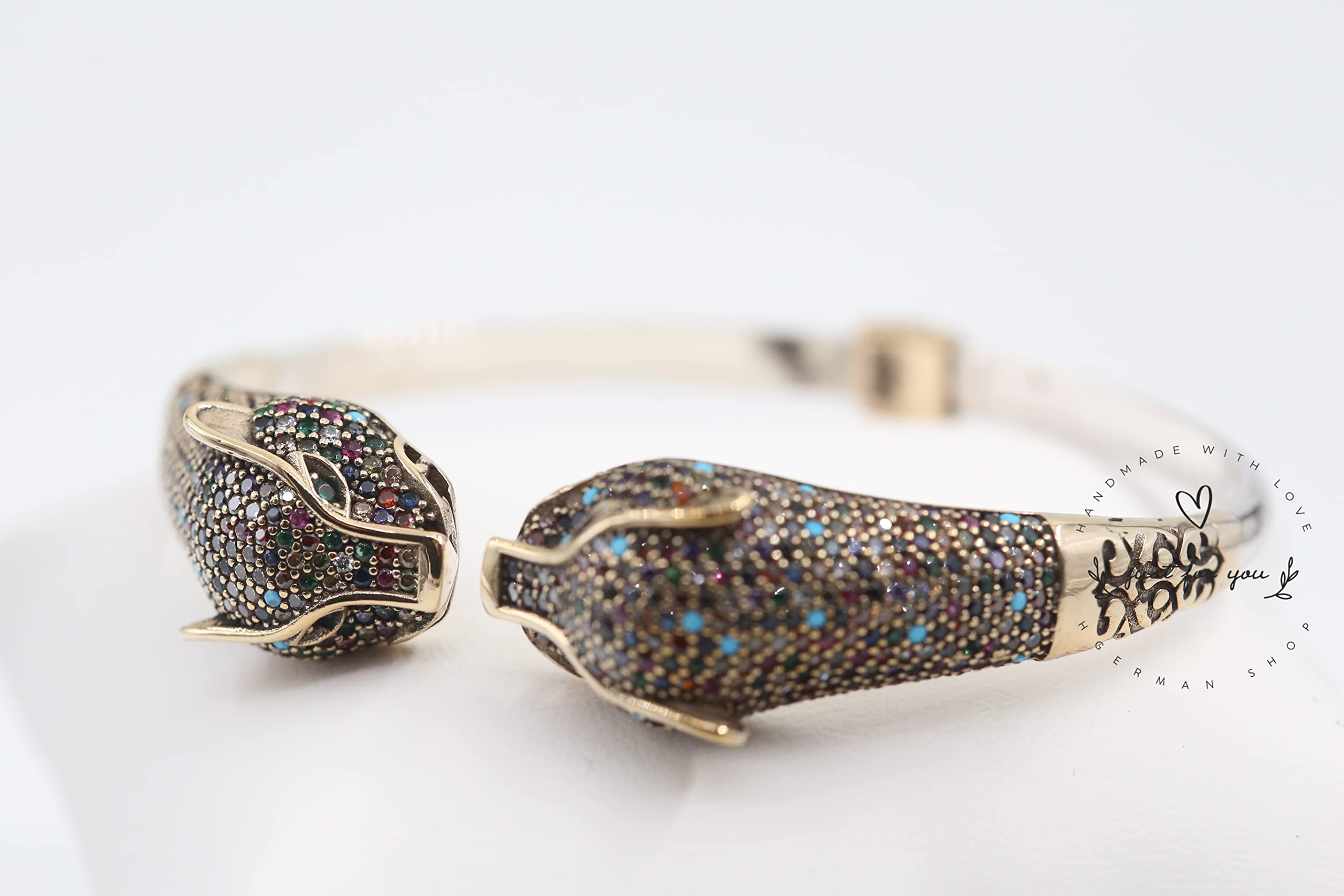 Jaguar Panther Leopard Cubic Zircon Sterling Silver Bracelet for Women - Big Cat Animal Jewelry Gift, Adjustable Free Size - Perfect for Parties, Date Nights & Fashion Accessories