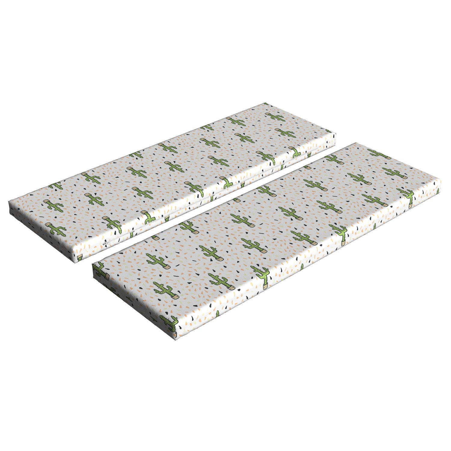 Ambesonne Exotic Bench Cushion Set of 2 - Cartoon Cactus Design, Tropical Savannah & Western Saguaro Foliage Print, Standard Size Foam Seat Pads with Decorative Covers - Perfect for Patio, Garden, or Indoor Decor