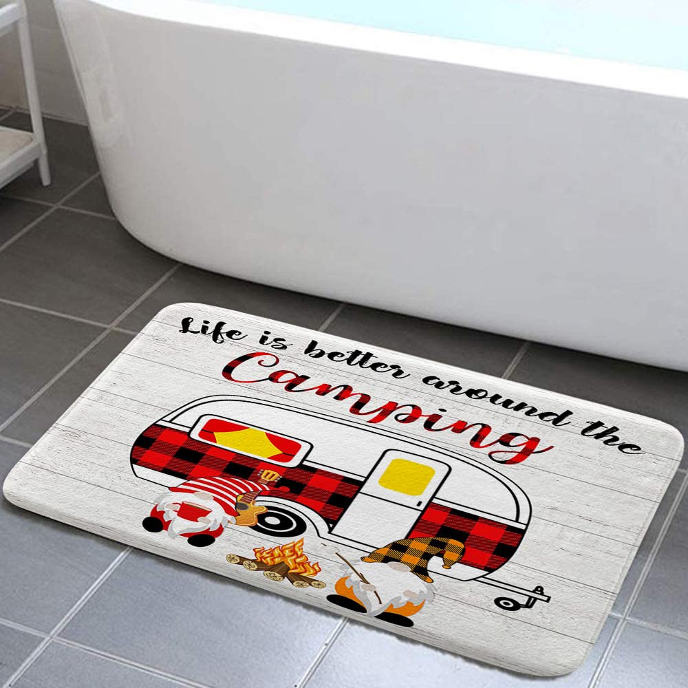 Non-Slip RV Shower Bath Mat - Buffalo Plaid Check Farmhouse Style for Camper & Trailer Bathrooms | Rustic Wooden Board Design with Cute Elf & Fire Motif | 17x29 Inch Water Absorbent Bathroom Rug for Floor, Tub & Shower | Perfect for RV Living, Camping & Farmhouse Decor