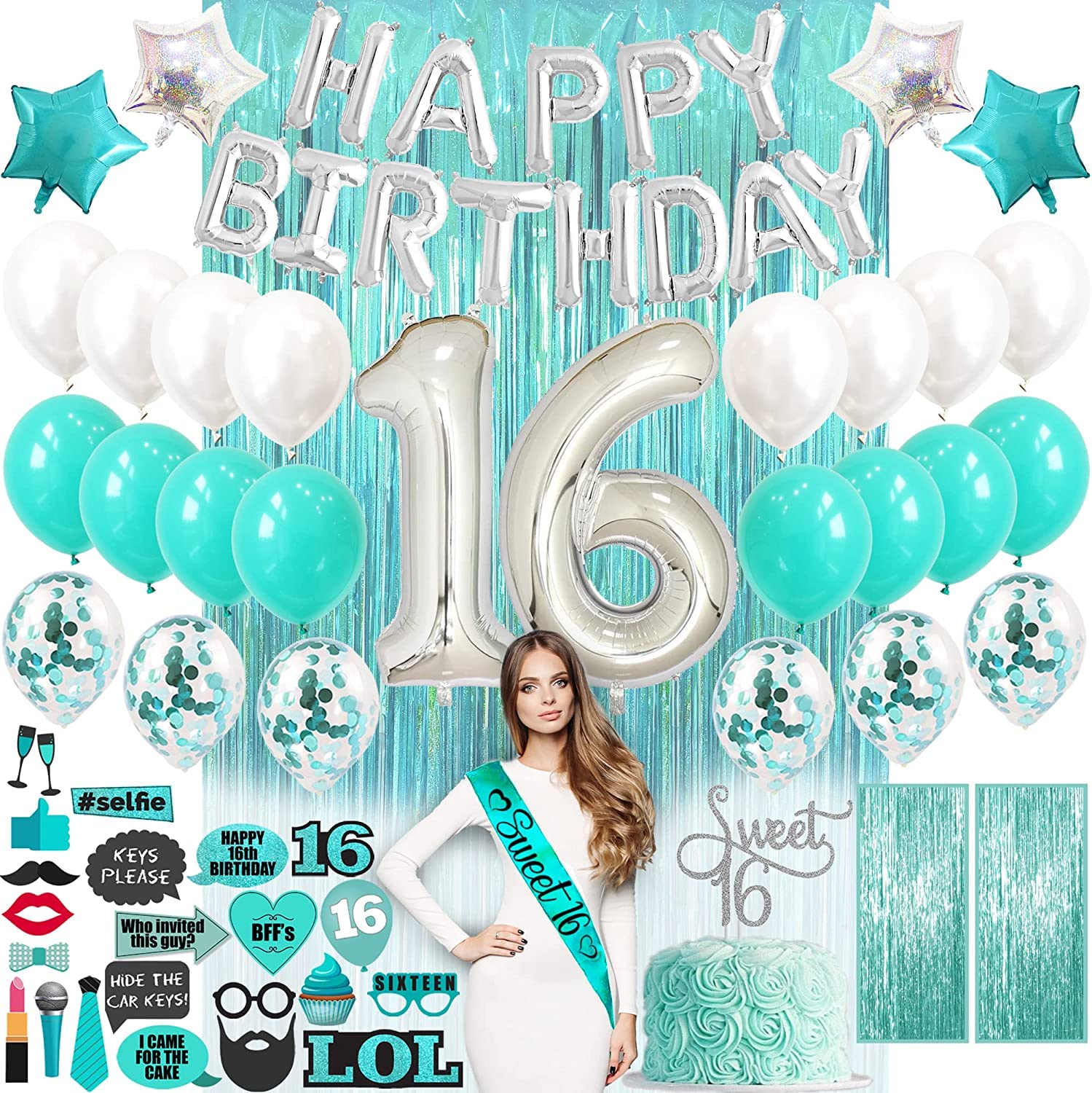 Sweet 16 Party Decorations Kit - 70PCS Teal Green & White Birthday Supplies for Girls (Sash, Balloon Numbers, Cake Topper, Banners, Photo Booth Props) - Perfect for Sweet 16 Celebrations, Birthday Parties & Photo Shoots