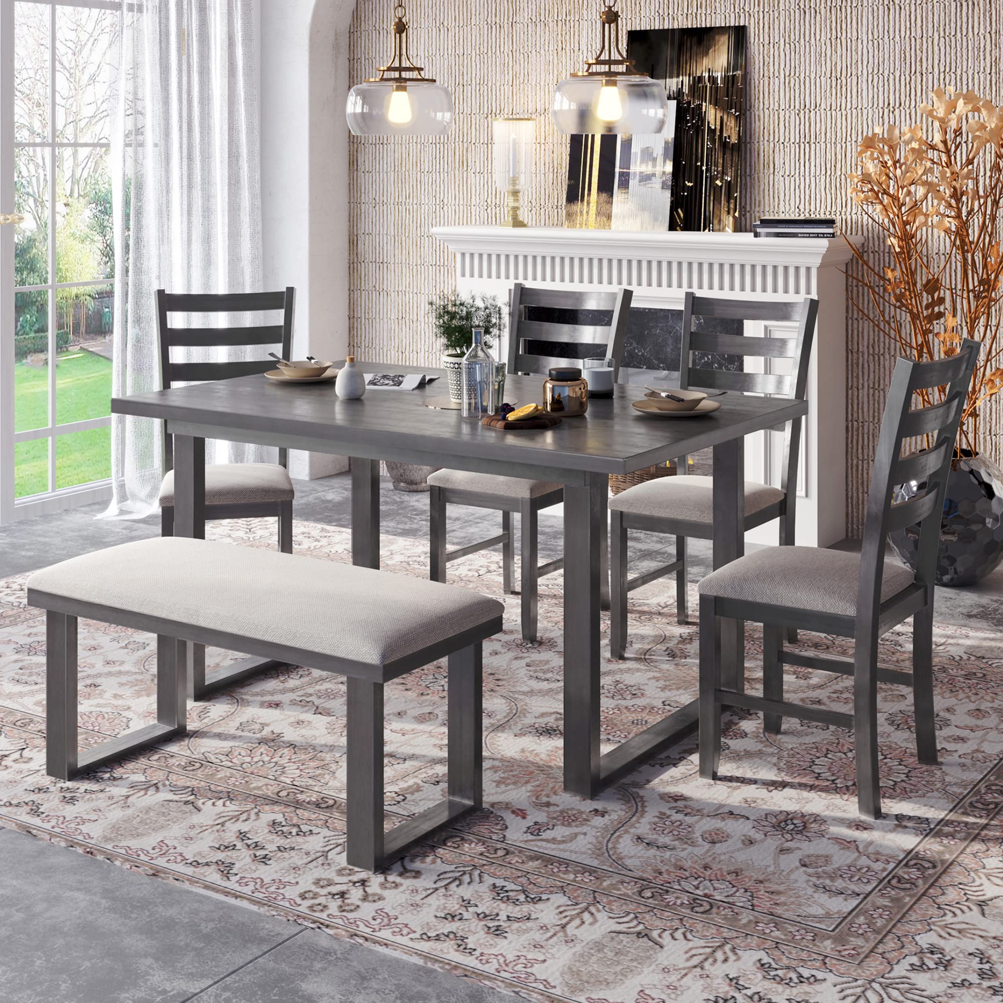 P PURLOVE 6-Piece Wooden Dining Table Set - Rectangular Kitchen Table with 4 Chairs & 1 Bench, Gray & Beige - Perfect for Family Meals, Dinner Parties & Small Space Dining Rooms