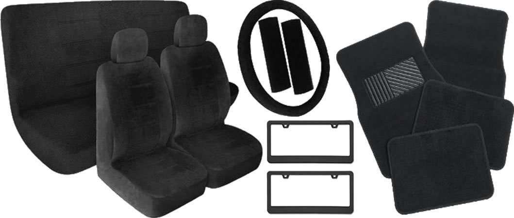 15-Piece Universal Black Car Seat Covers Set with Floor Mats, Steering Wheel Cover & Seat Belt Protector - Includes Free License Plate Frames - Perfect for SUVs, Trucks & Sedans - Durable & Stylish Interior Protection