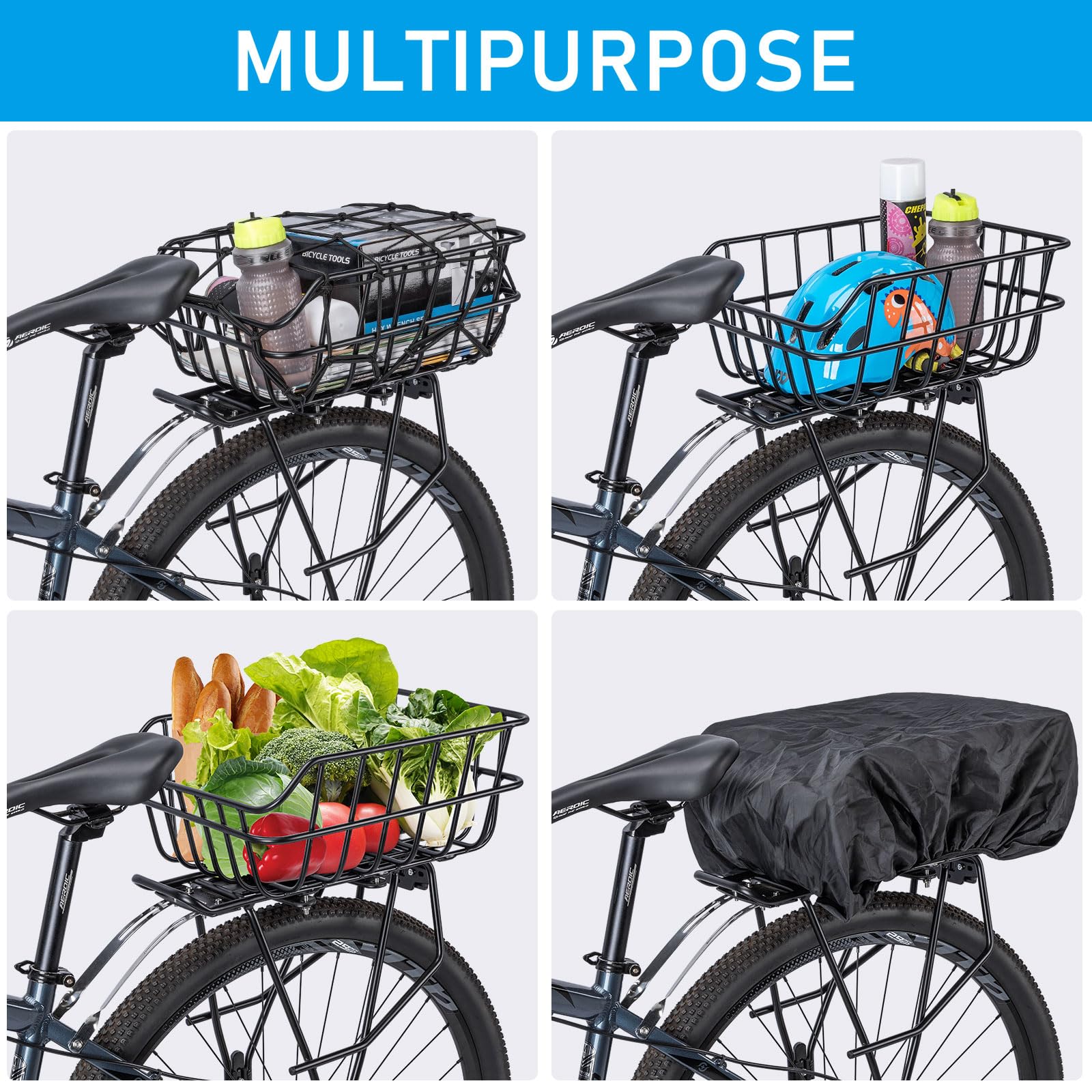 CXWXC Rear Bike Basket - Large Capacity Aluminum Bicycle Rear Cargo Basket with Waterproof Cover & Cargo Net - Rear Mount Bike Basket for Commuting, Grocery Shopping & Outdoor Adventures