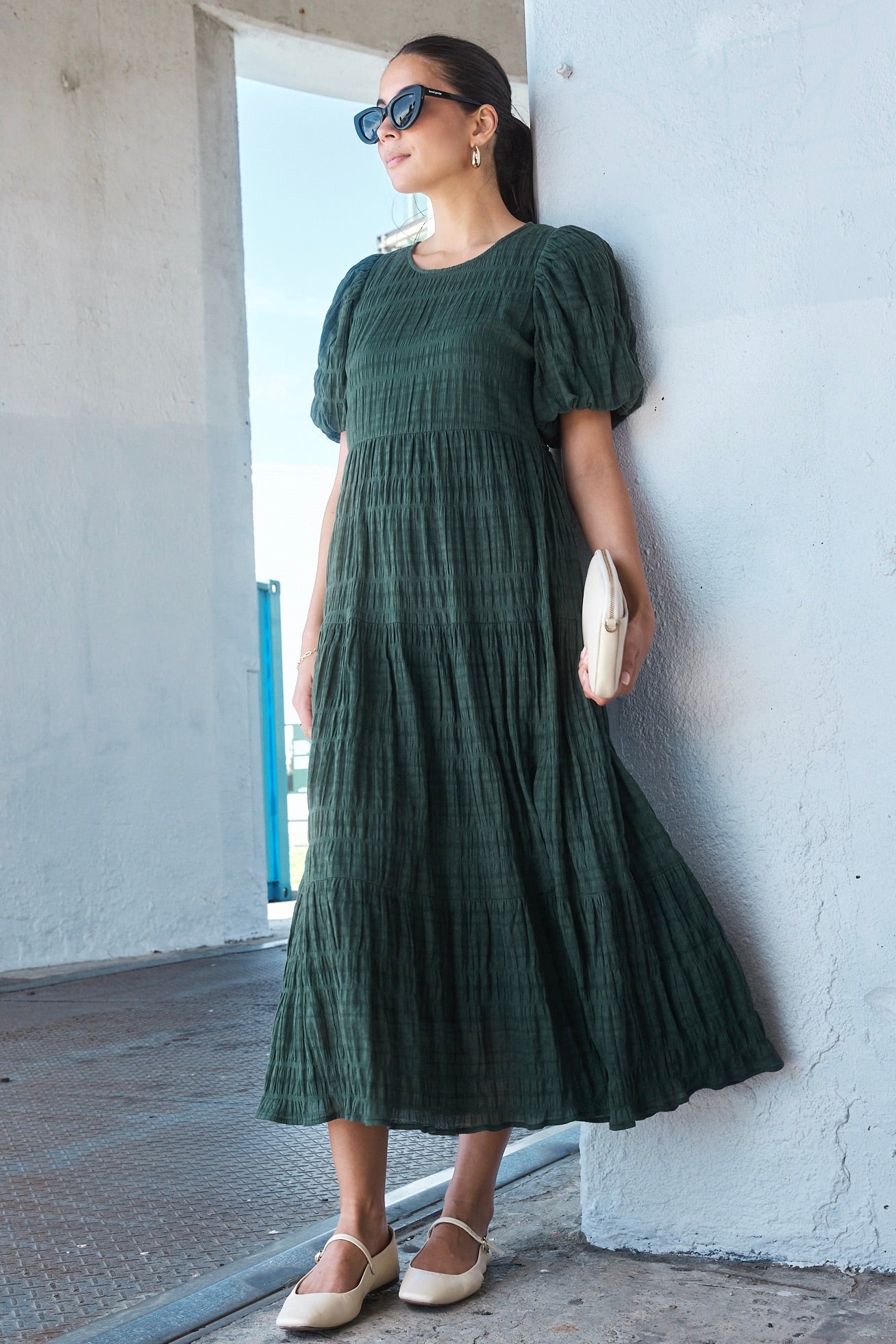 Graceful Forest Bubble Short Sleeve Tiered Maxi Dress for Women - Flowy Boho Summer Dress with Pockets - Perfect for Beach Vacation, Date Night & Outdoor Parties