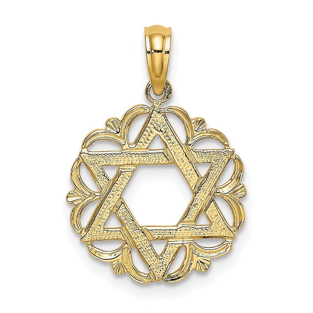 14K Yellow Gold Star of David Scalloped Circle Charm Pendant Necklace for Women - Elegant Jewish Jewelry Gift for Hanukkah, Bat Mitzvah & Special Occasions