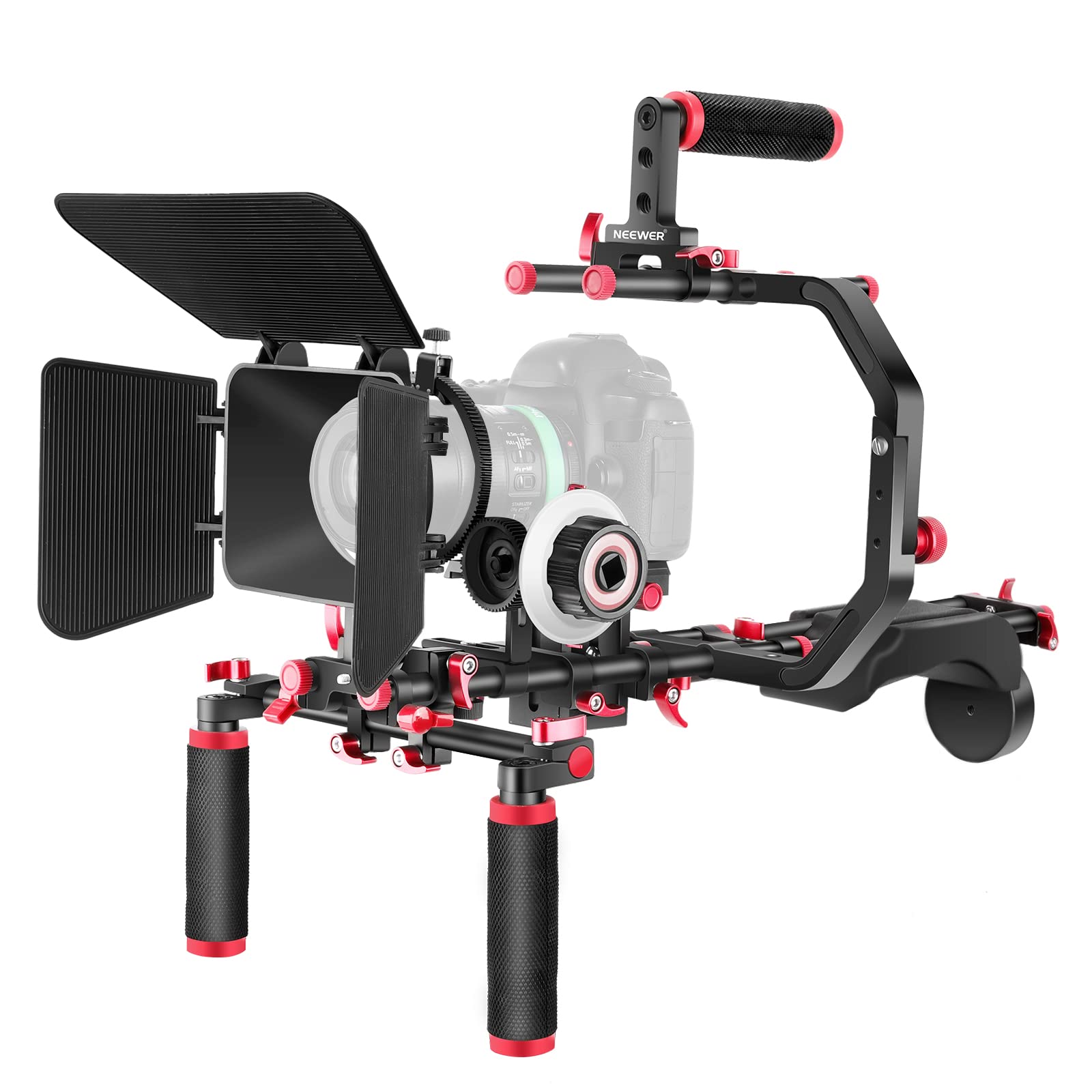 Neewer DSLR Shoulder Rig Kit - Professional Video Stabilizer for Filmmaking with Matte Box, Follow Focus, 15mm Rods & Handgrip (Red/Black) | Perfect for YouTube Videos, Documentary Shooting & Indie Film Production