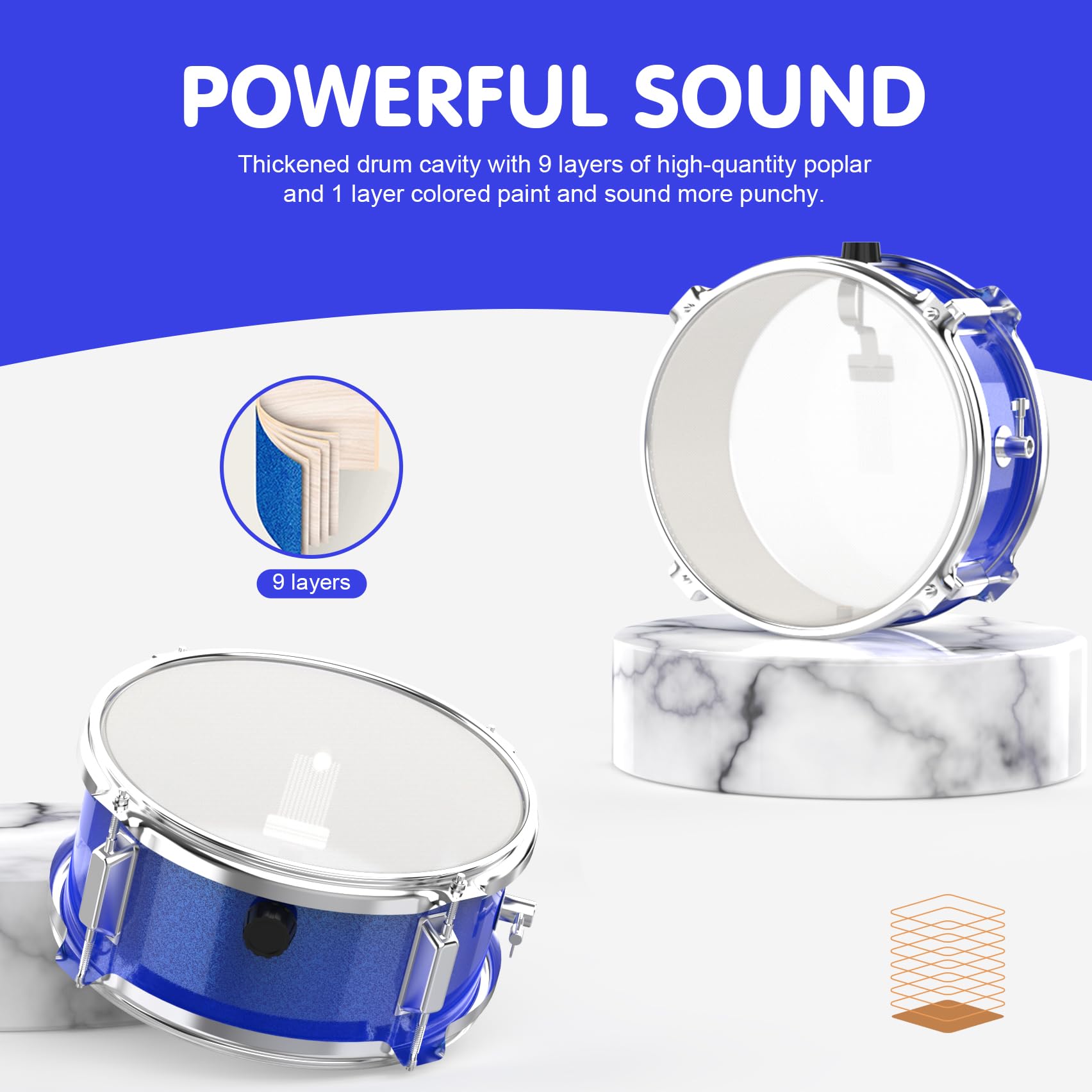 Blue 3-Piece Beginner Drum Set Kit with Throne Stool - Kids Starter Drum Kit for Learning & Practice - Perfect for Home, School & Music Classes