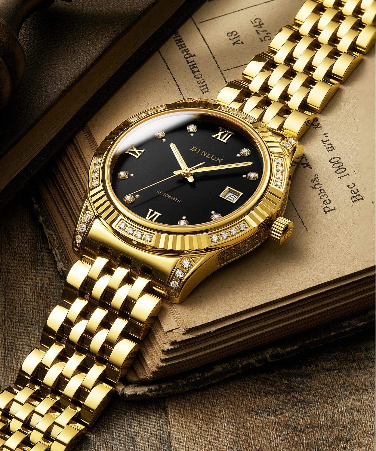BINLUN Automatic Mechanical Men's Watch - 18K Gold-Plated Self-Winding Luxury Wristwatch for Men | Stylish Dress Watch for Business, Formal Events & Everyday Wear