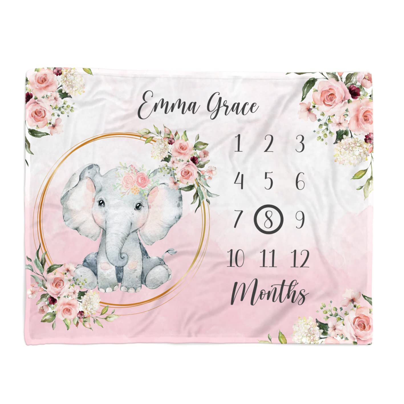 Personalized Baby Blanket with Name - Soft Fleece Custom Baby Girl Blanket, Milestone Elephant Blanket in Pink for Newborn Gifts, Nursery Decor & Photo Shoots
