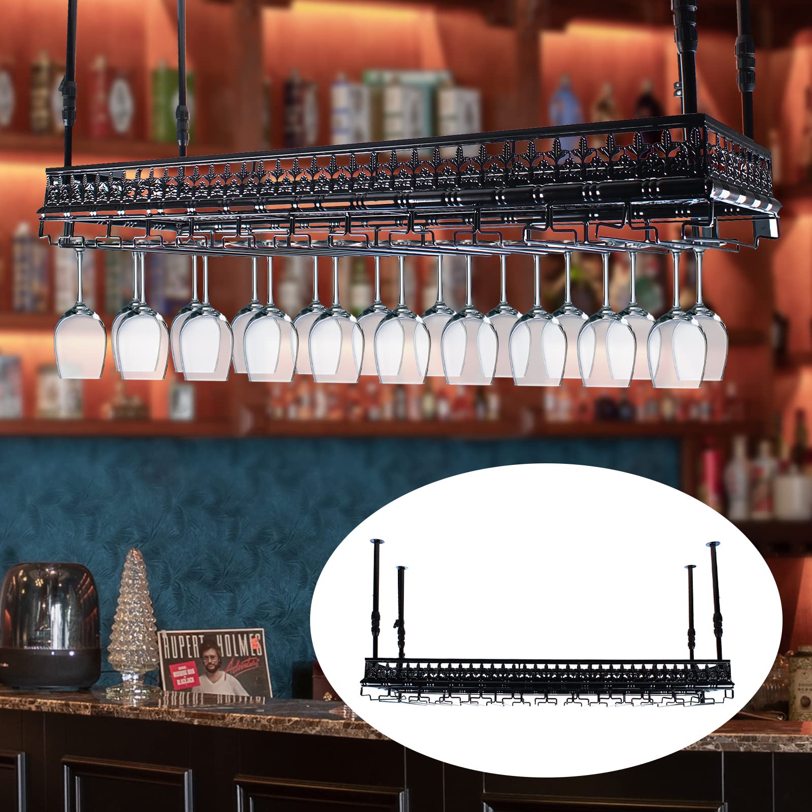 Vintage Metal Under Cabinet Wine Glass Rack - Holds 48 Goblets, Industrial Retro Style for Home Kitchen & Bar - Perfect for Organizing Stemware & Saving Counter Space (Black)