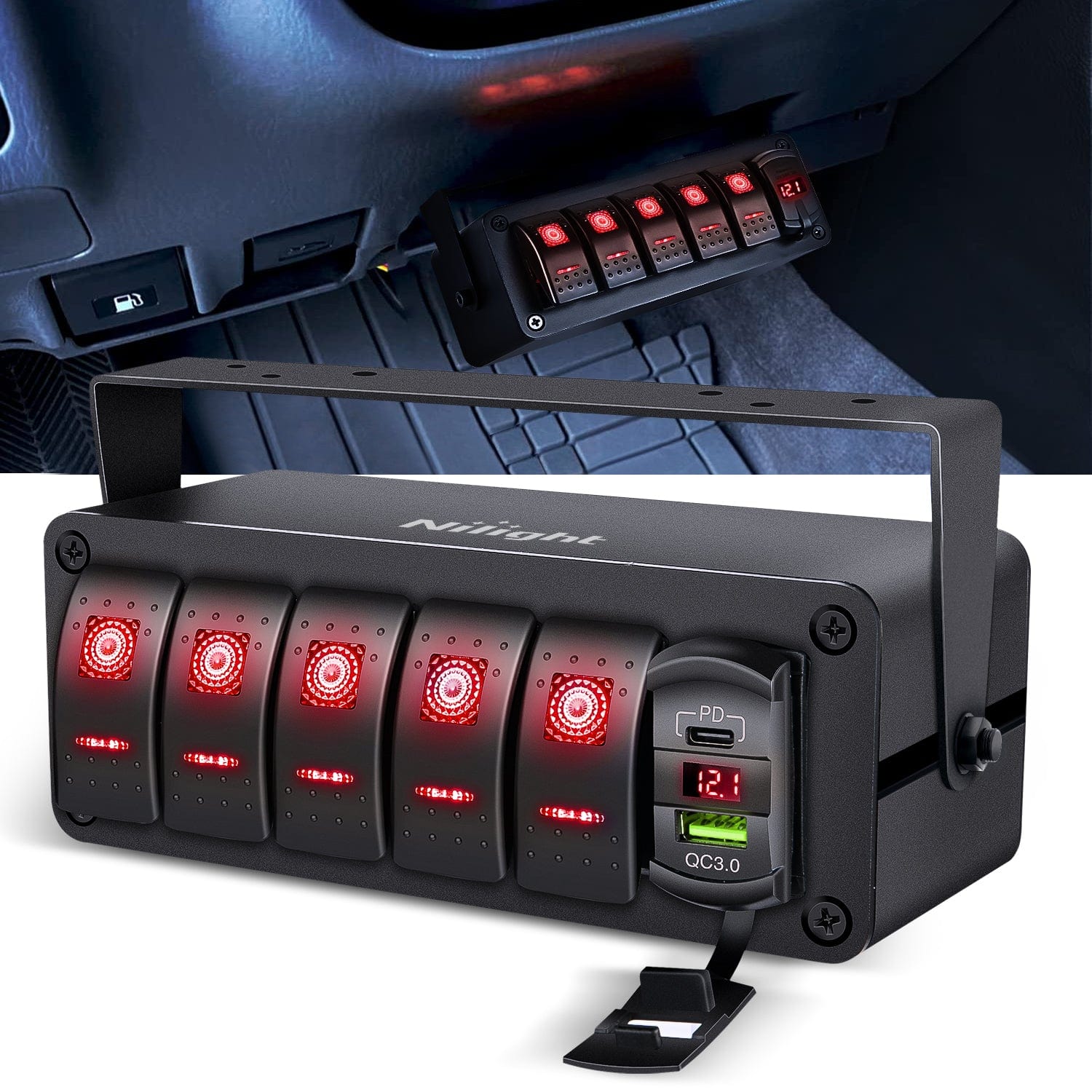 5 Gang Aluminum ON/OFF Rocker Switch Panel with QC 3.0 Dual USB Charger & Voltmeter - Red Backlit for Marine, RV, Truck, and Boat Electrical Systems