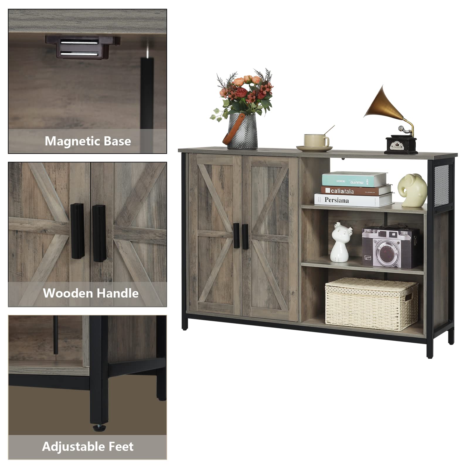 WEENFON Rustic Oak Storage Cabinet with 2 Barn Doors - Adjustable Shelves Industrial Sideboard for Dining Room, Living Room & Kitchen - Perfect for Home Organization, Farmhouse Decor & Extra Storage Space