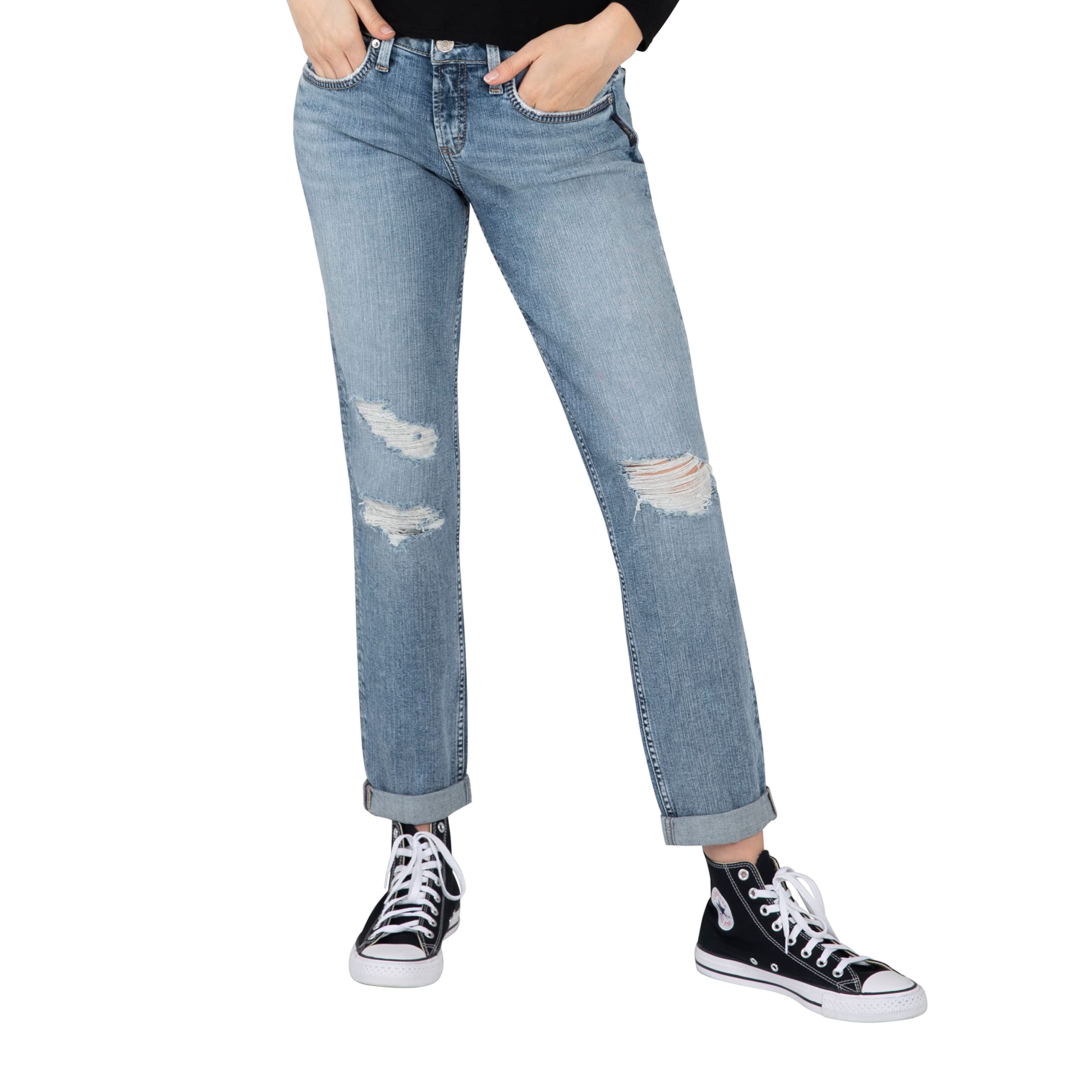 Silver Jeans Co. Women's Boyfriend Mid Rise Slim Leg Jeans - Comfortable Stretch Denim Pants for Casual Wear & Everyday Outfits