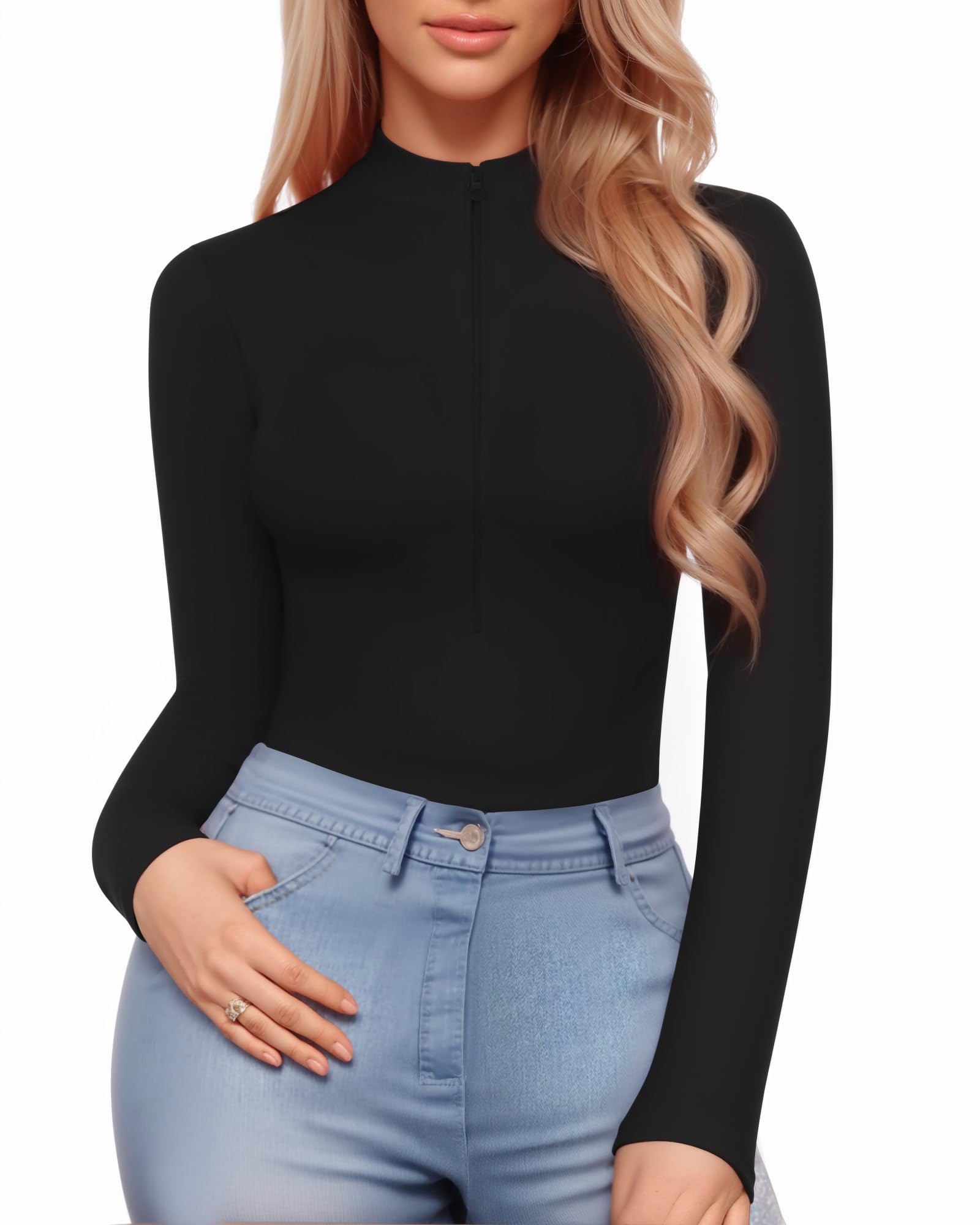 Women's Sexy Ribbed Deep V Neck Long Sleeve Bodysuit - Mock Turtle Neck Zip Up Shirt for Date Night & Club Outfits | MANGOPOP