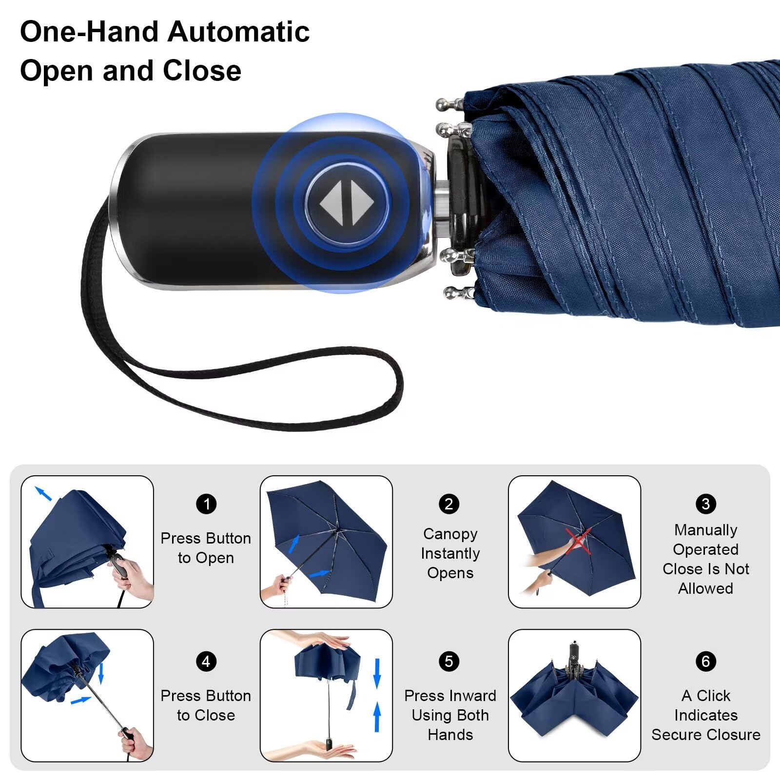 LEAGERA Automatic Compact Travel Umbrella - Portable Collapsible Mini Pocket Umbrella for Backpack, Rain Protection - Ultralight Dark Blue Umbrellas (2 Pack) - Perfect for Commuting, Hiking & Outdoor Activities