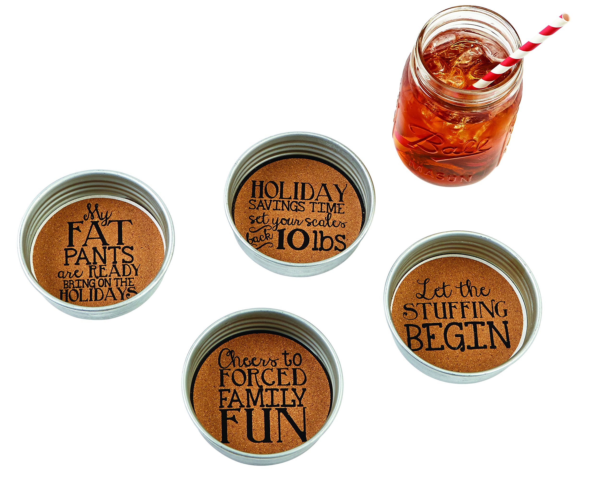 Mud Pie 4255016 Holiday Mason Jar Coasters Set of 4 - Rustic Christmas Drink Coasters for Home Decor, Party, and Gift Giving - Perfect for Coffee, Tea, and Hot Cocoa Mugs