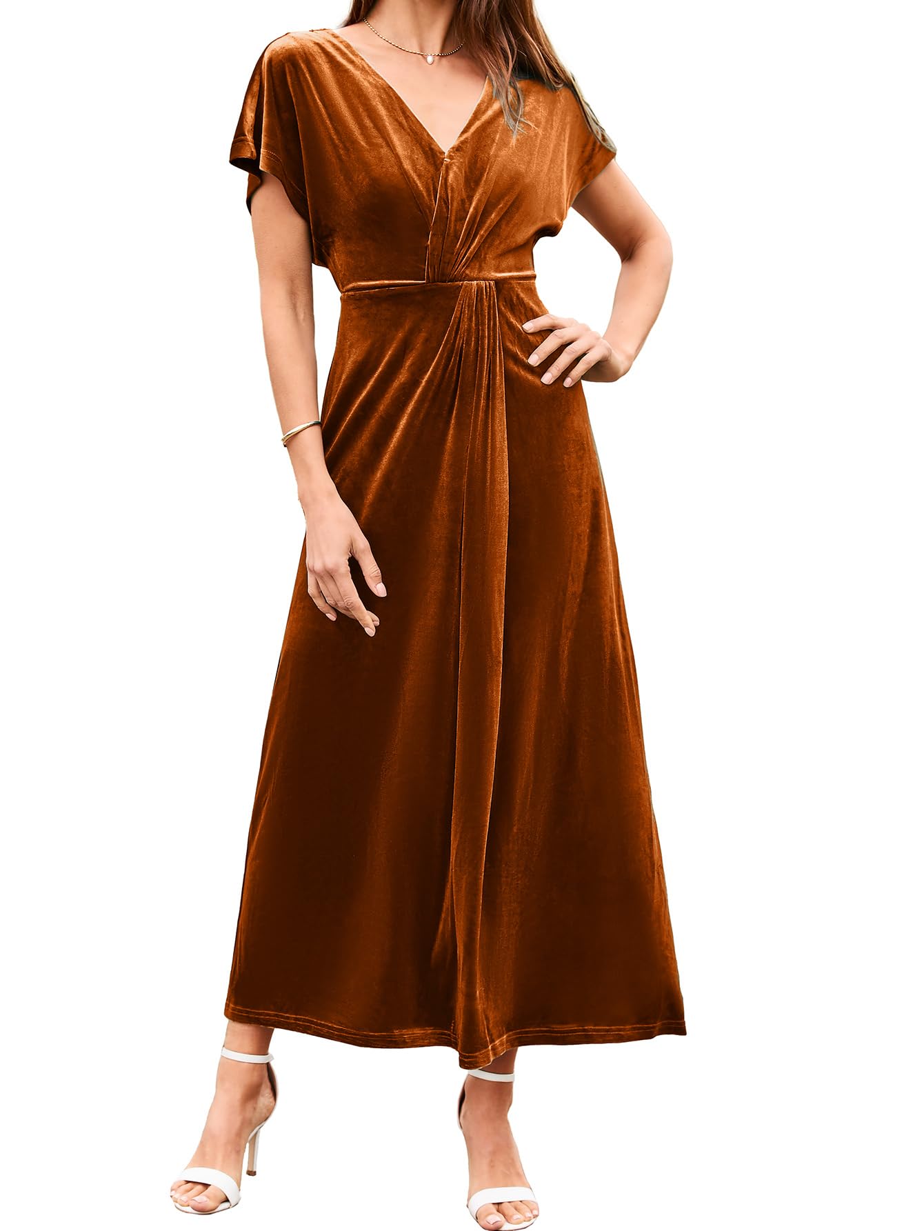 Simplee Women's Velvet Maxi Dress - Short Sleeve V-Neck Formal Gown for Wedding Guest, Prom, Cocktail Party & Special Occasions | Elegant Bodycon Long Dress with Twiss Front Detail for Fall & Winter Events