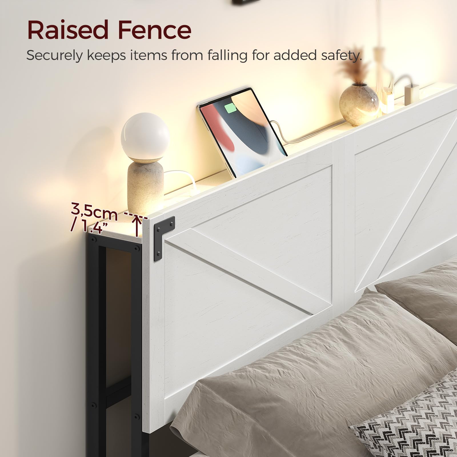 King Size Headboard with 2 Outlets & 4 USB Ports - Farmhouse Style LED Headboard with Secure Storage & Bed Frame Adapter - White & Black - Perfect for Bedroom Upgrade & Modern Home Decor