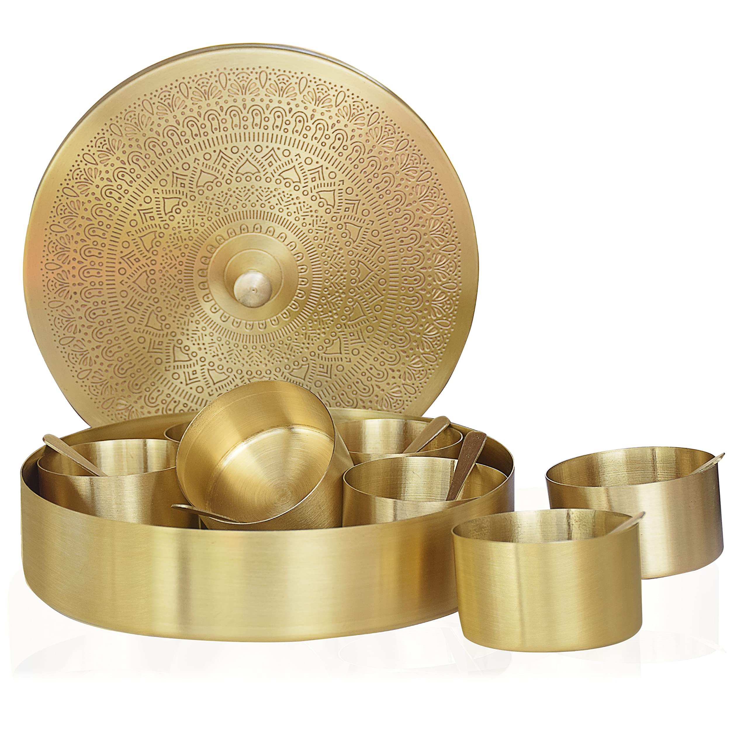 Premium Indian Brass Spice Box Set with 7 Containers (125ml Each) & 7 Spoons - Authentic Pure Source India Spice Storage for Kitchen, Cooking & Gifting