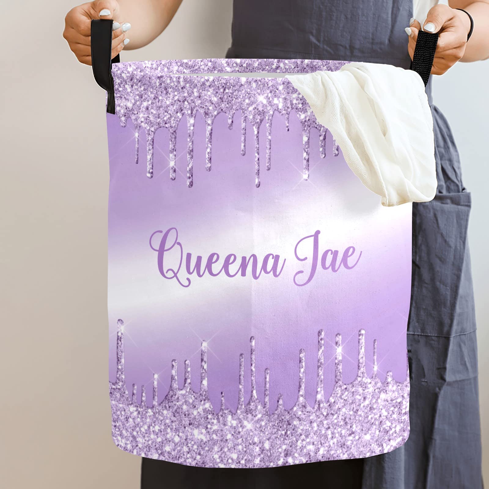 Metallic Violet Purple Dripping Glitter Storage Bin - Waterproof Oxford Fabric Laundry Hamper & Organizer for Clothes, Toys, Gifts | Perfect for Bedroom, Nursery & Home Organization