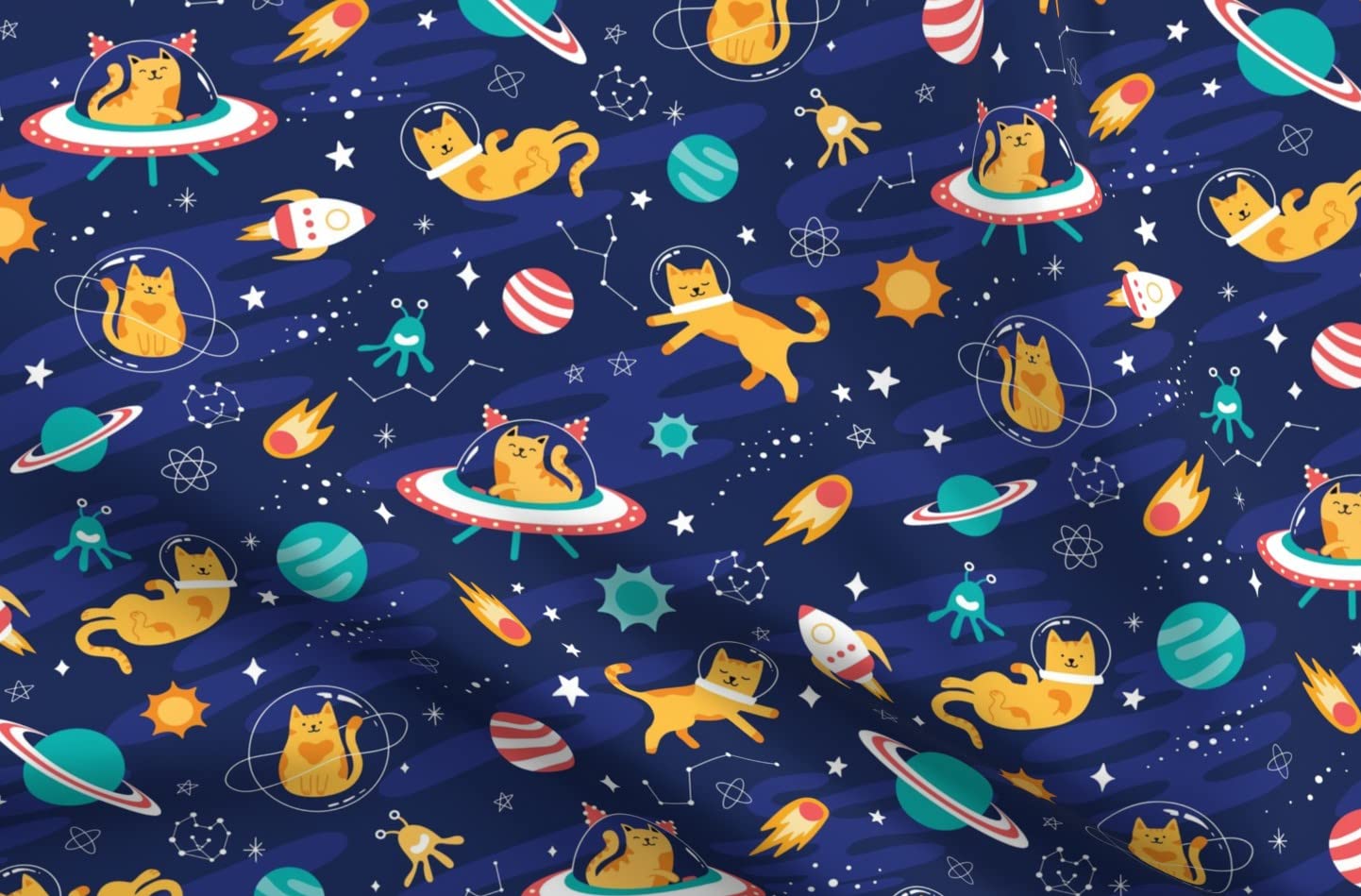 Space Cats & Planets Printed Chiffon Fabric Fat Quarter - DIY Sewing, Fashion Apparel, Dresses & Home Decor - Perfect for Cosplay, Quilting & Bohemian Style Decorations