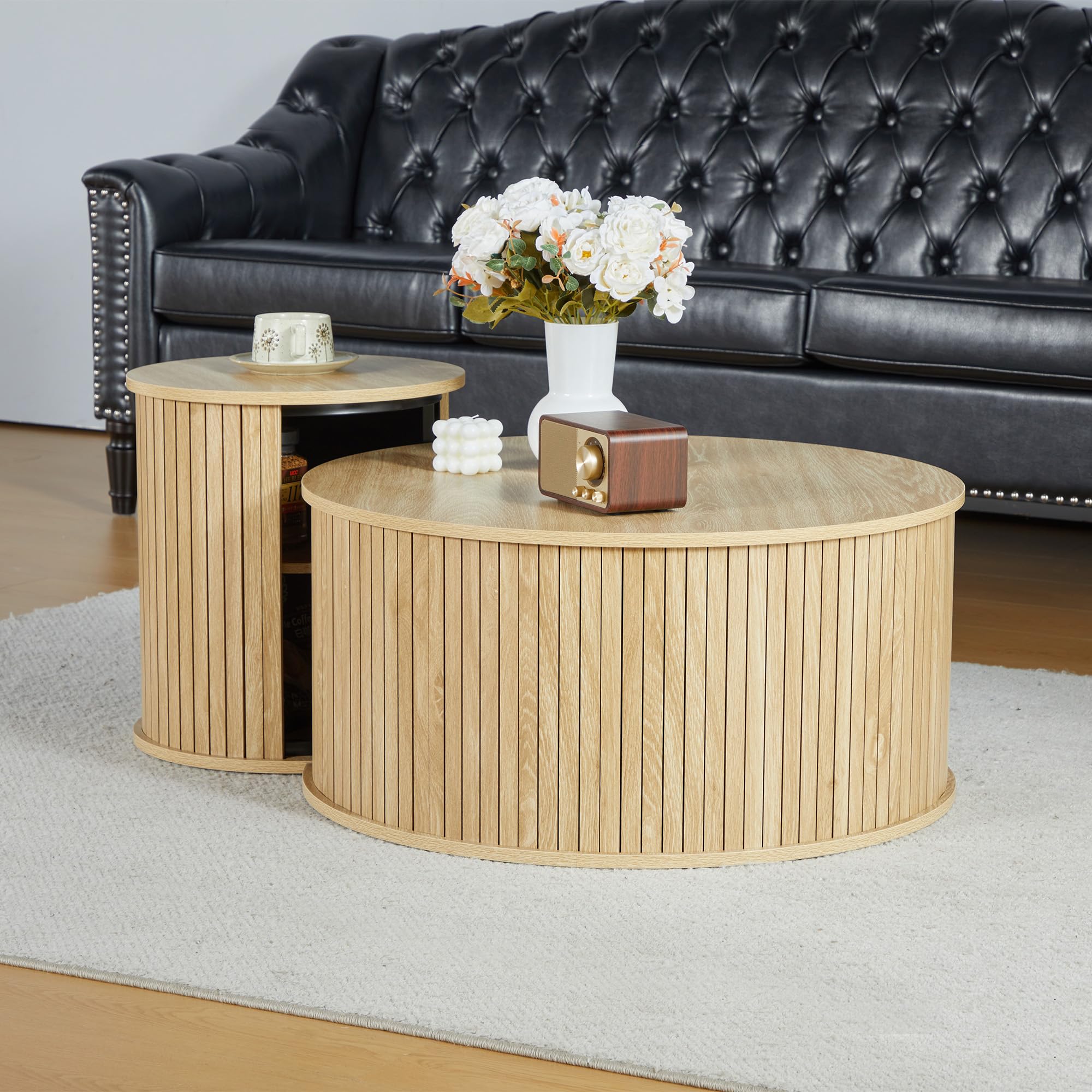 Nesting Coffee Table Set of 2 - Round Wooden Side Tables for Living Room, Office & Balcony | Modern Circle Coffee Tables in Natural Wood Finish | Perfect for Small Spaces, Home Decor & Coffee Time
