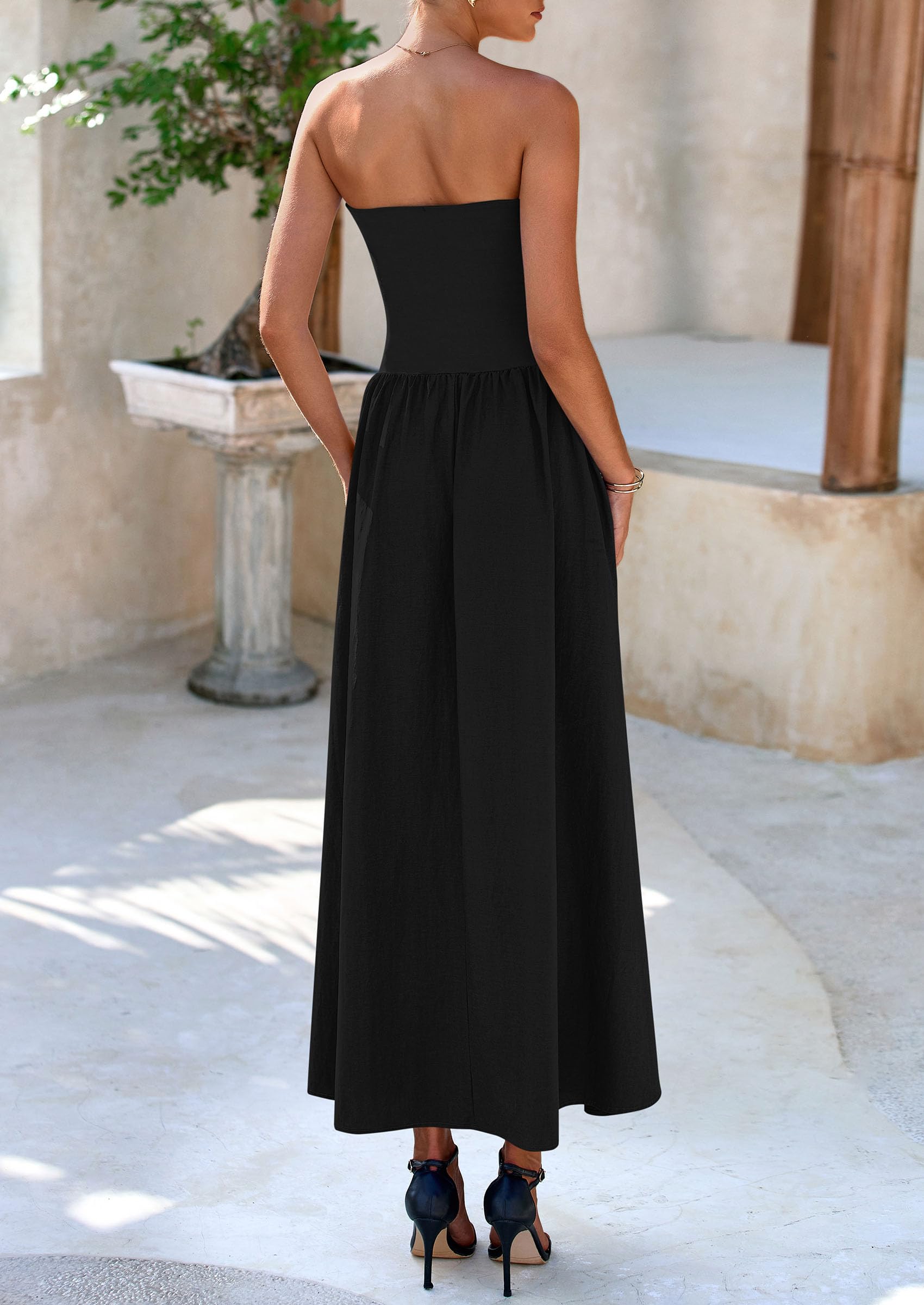 PRETTYGARDEN Women's Strapless Maxi Dress 2025 - Patchwork Long Flowy Summer Dress with Pockets | Elegant Tube Top Dress for Beach, Wedding, Party & Vacation Outfits