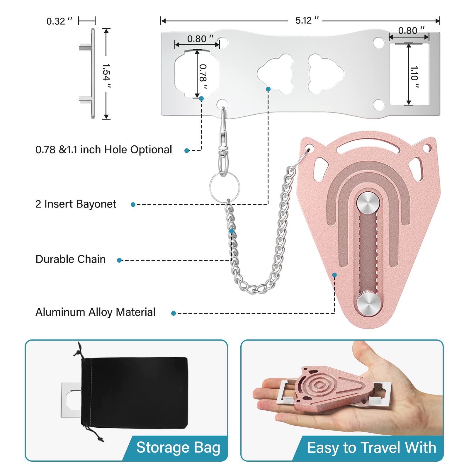 Portable Metal Door Lock for Travel - Hotel & Apartment Security (Pink) - Perfect for Solo Travelers & Home Safety
