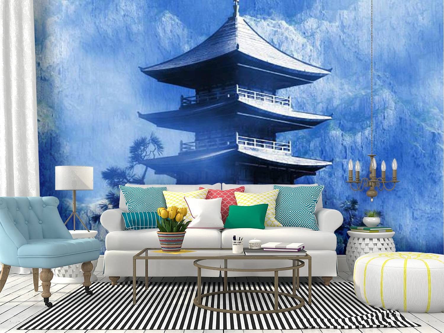 Buddhist Zen Temple at Misty Night Canvas Wallpaper - Self Adhesive Peel & Stick Wall Mural for Living Room Decor | Perfect for Meditation Spaces & Asian-Inspired Home Design