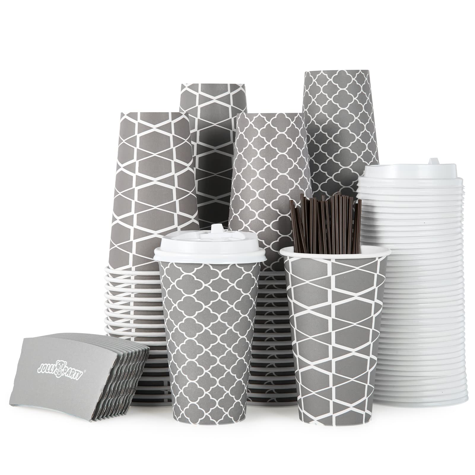 100 Sets 16 oz Disposable Paper Coffee Cups with Lids, Sleeves & Straws - Hot/Cold Beverage Drinking Cups for Coffee, Tea, Water - Perfect for Office, Travel, Cafes & Takeout