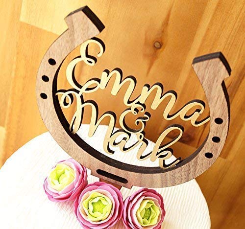 Personalized Horseshoe Cake Topper - Rustic Wooden Wedding Cake Decoration for Country Weddings & Bridal Showers - Perfect for Farmhouse, Western, and Rustic Wedding Themes