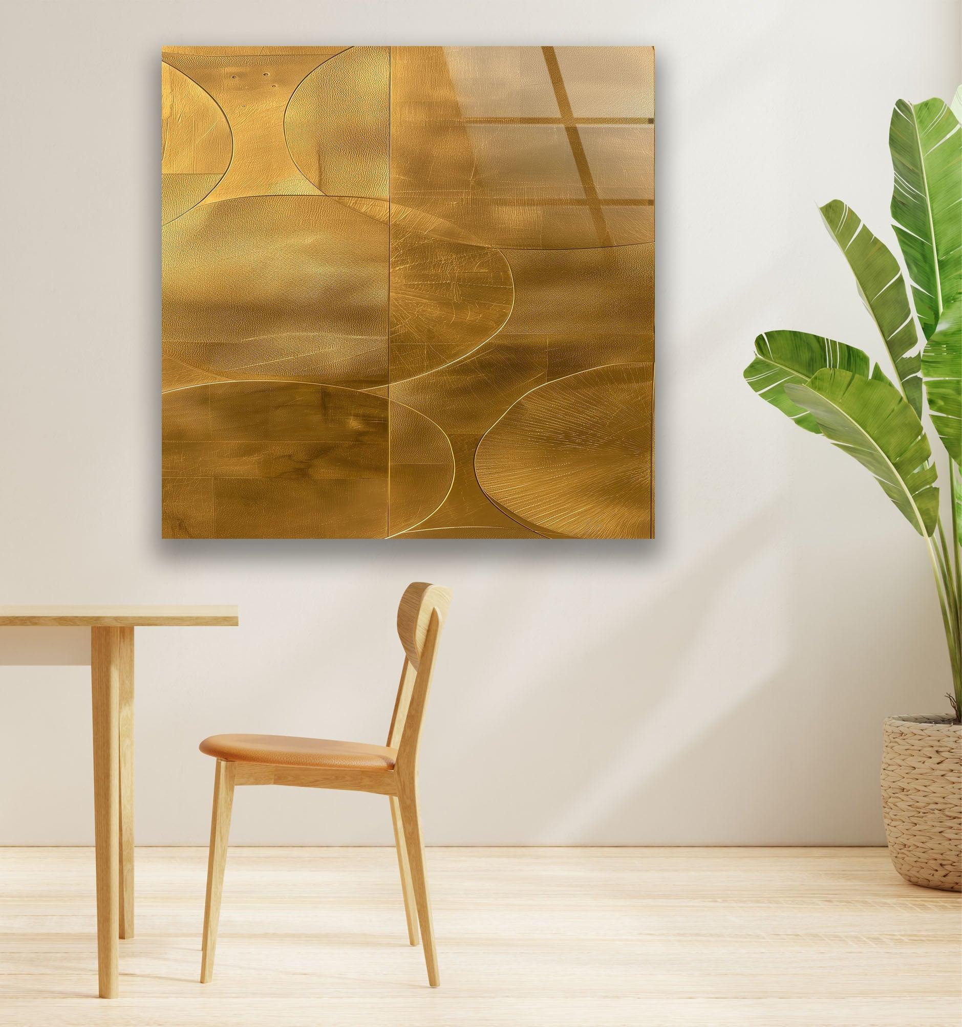 Abstract Gold Geometric Glass Wall Art - Modern Home Decor for Living Room, Bedroom & Office - Elegant Handmade Glass Panel for Stylish Interior Design