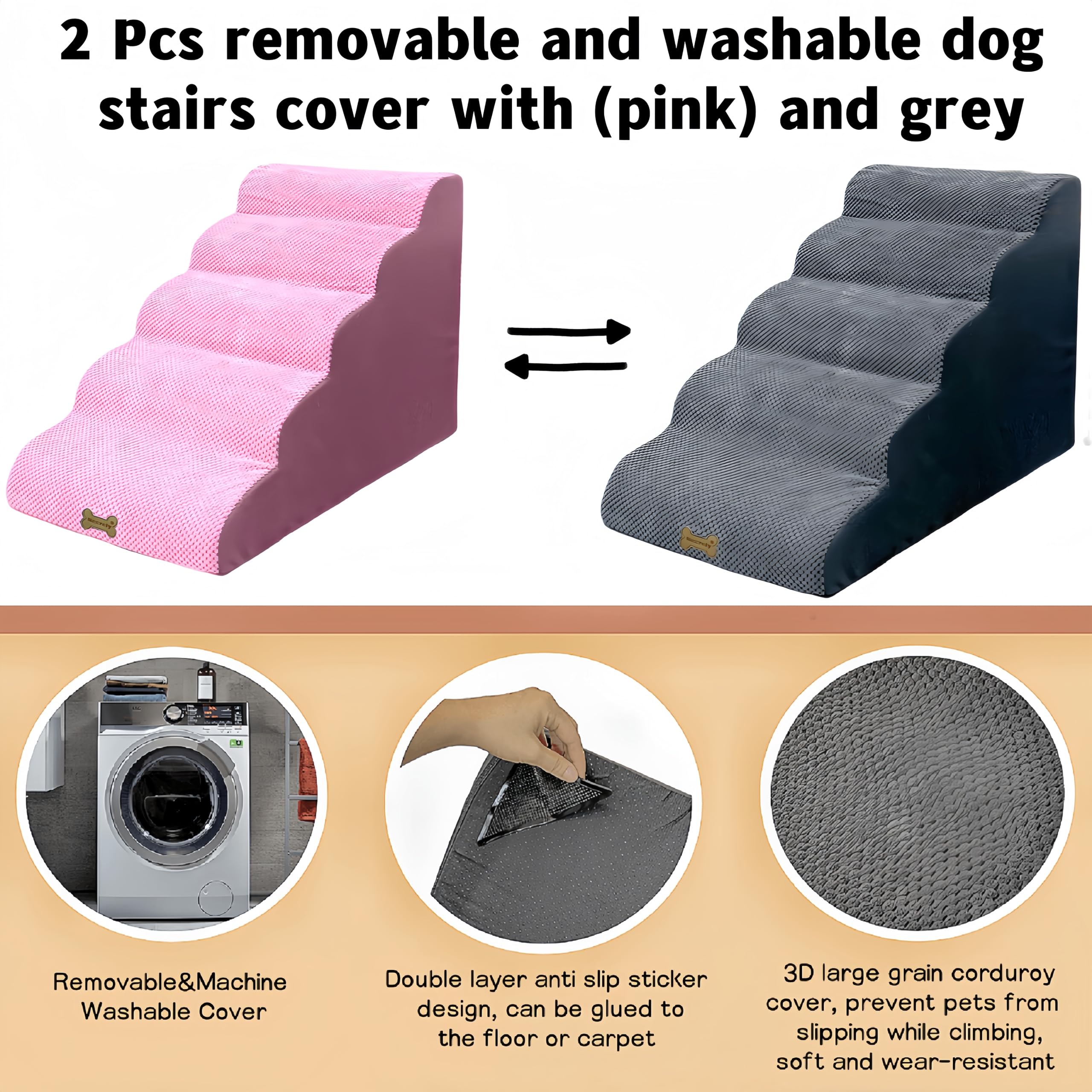 5-Step Dog Stairs for Small & Large Dogs - 24 Inch Pet Ramp with Non-Slip Surface for High Beds & Couches (18-30 Inch Height) - Includes 2 Washable Covers (Pink & Grey) - Perfect for Elderly Pets, Cats & Puppies - Ideal for Bedroom, Living Room & Pet-Friendly Spaces