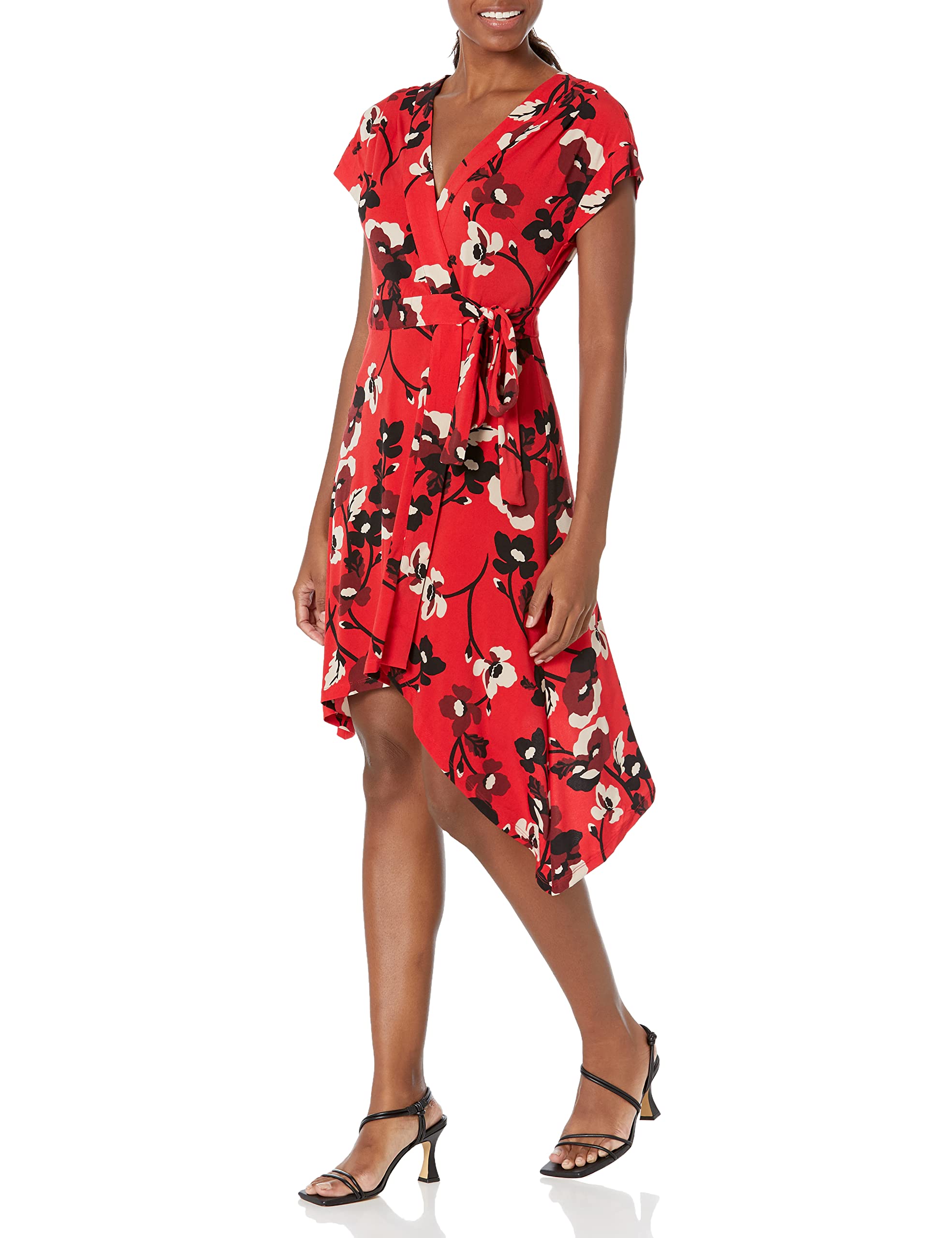 BCBGMAXAZRIA Women's Short Sleeve Asymmetrical Wrap Midi Dress - Elegant Flowy Summer Dress for Cocktail Parties, Weddings & Date Nights
