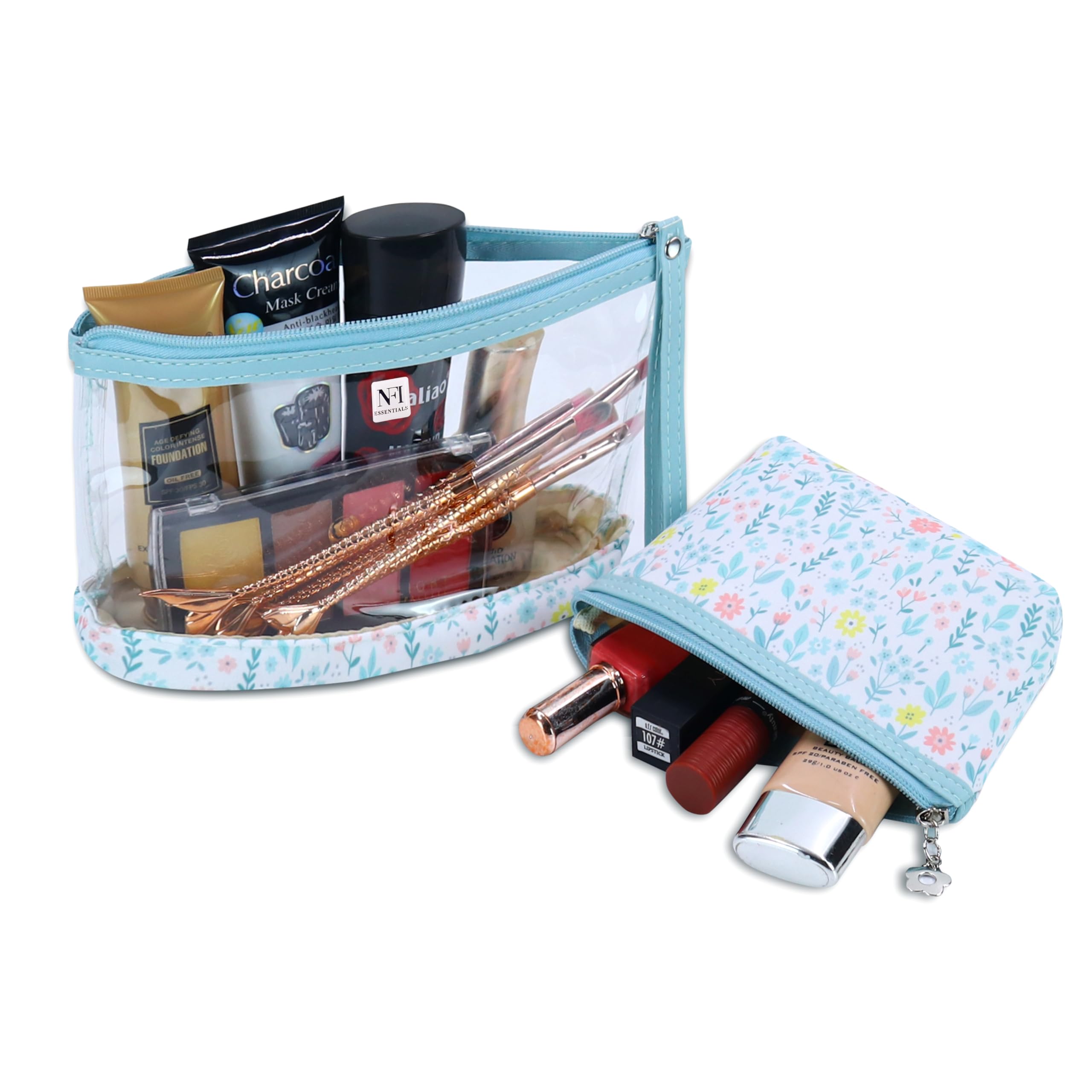 NFI Essentials 2-Pack Floral Print Cosmetic Bags for Women - Large & Medium Zippered Makeup Pouches with Handles, Travel Toiletry Organizer Set | Perfect for Travel, Gym & Daily Beauty Storage