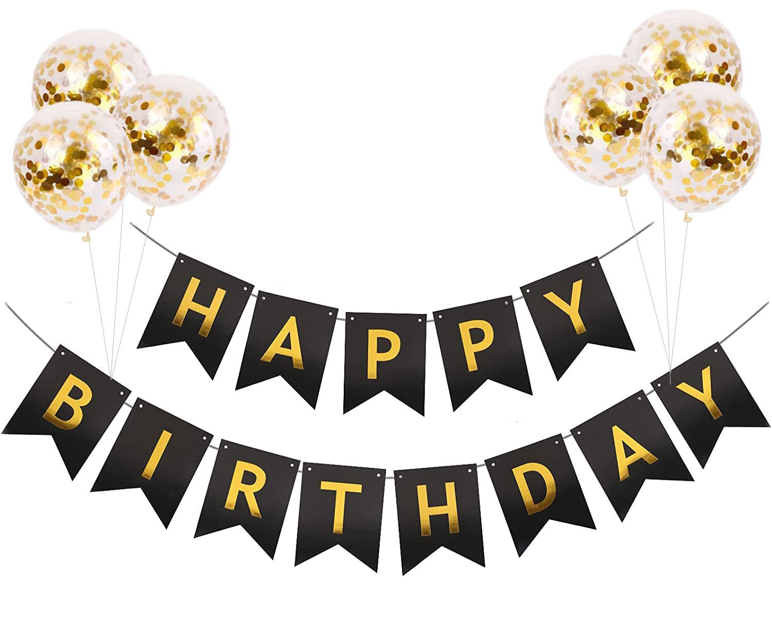 Happy Birthday Banner Black - 6pcs Gold Glitter Confetti Balloons & Bunting for Birthday Party Decorations | Perfect for Indoor/Outdoor Celebrations, Baby Showers & Anniversary Parties