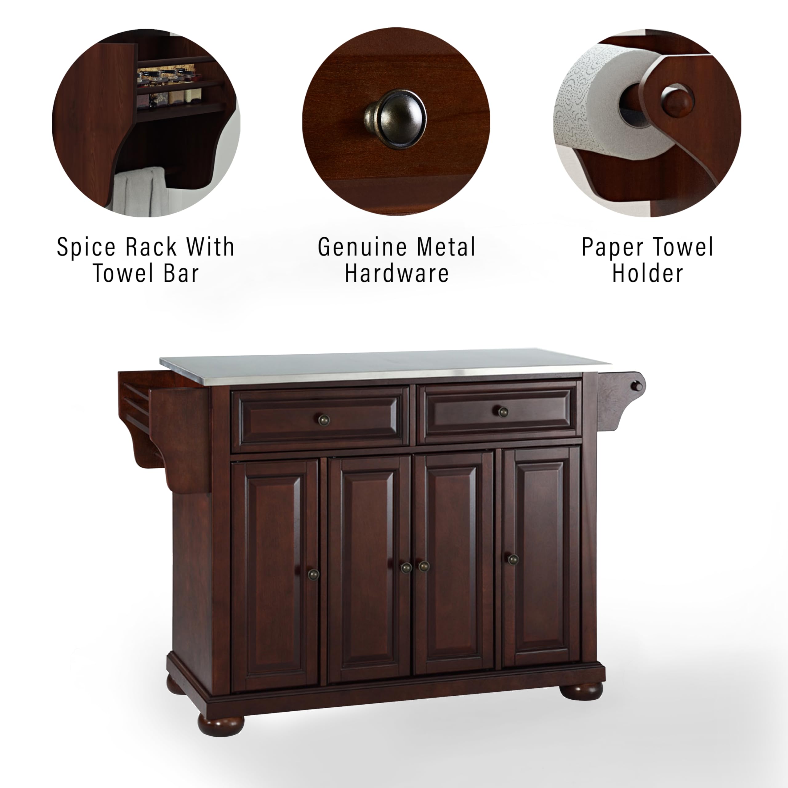 Crosley Alexandria Stainless Steel Top Rolling Kitchen Island Cart with Spice Rack - Mahogany Finish for Small Kitchen Storage & Organization | Perfect for Apartments, Dorms & Compact Spaces