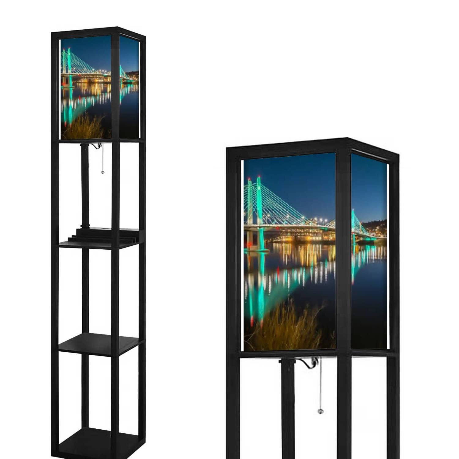 Modern Floor Lamp with Shelves, USB Ports & Power Outlet - Tilikum Crossing Inspired Design, Linen Fabric Shade, Tall Corner Standing Lamp for Living Room & Bedroom - Perfect for Reading, Working & Creating Cozy Ambiance