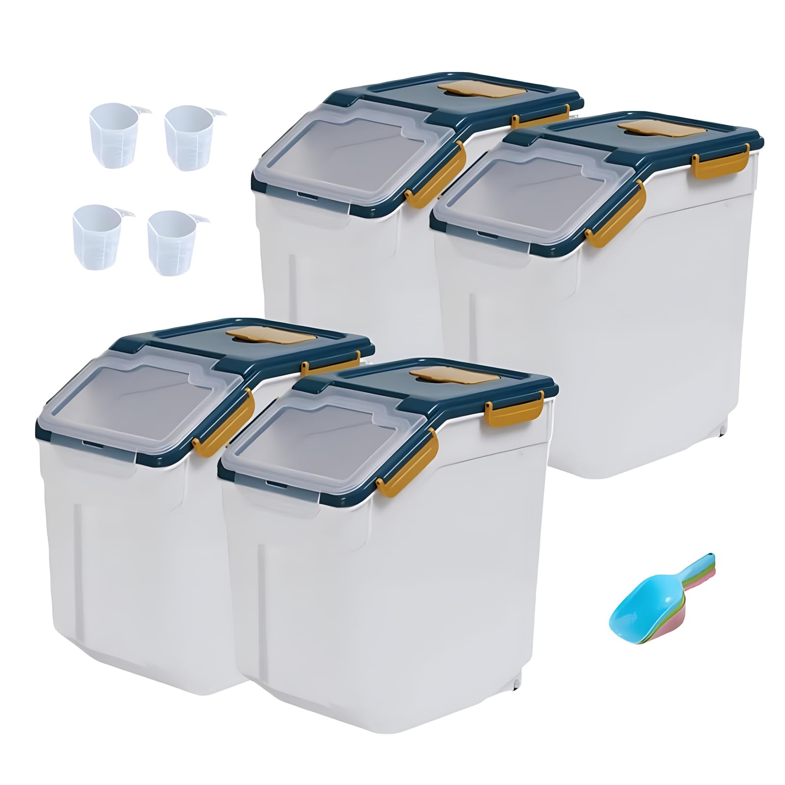25lb Large Airtight Flour Storage Container with Wheels - 4 Pack BPA-Free Food Storage Bins with Seal Locking Lid & Measuring Scoop - Perfect for Flour, Rice, Grains, Cereal - Ideal for Kitchen Pantry Organization & Bulk Food Storage (Blue)