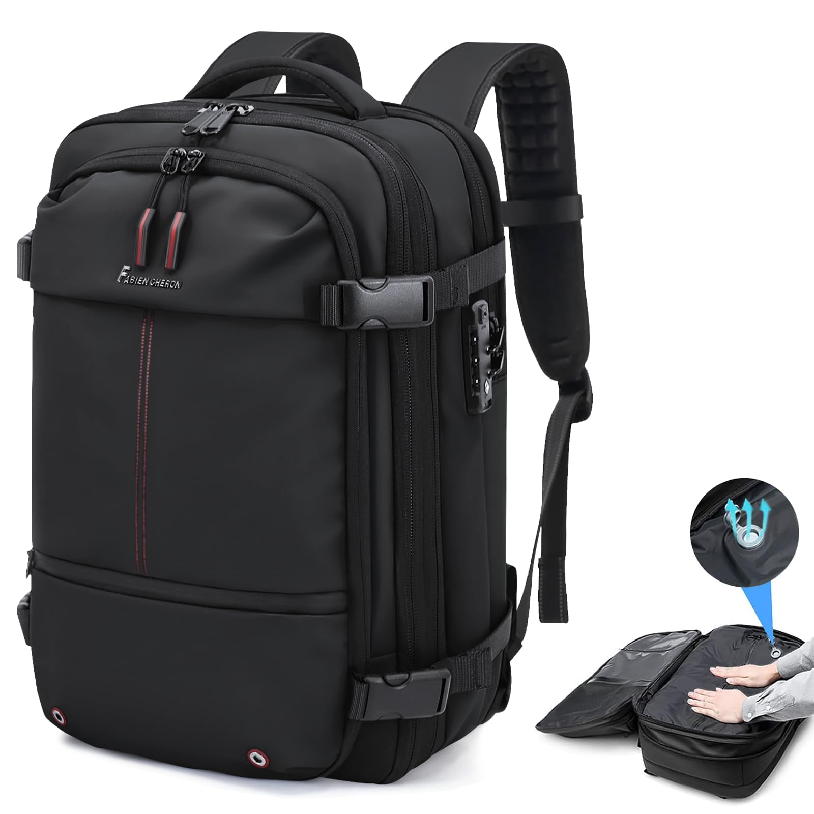 60L Expandable Vacuum Travel Backpack with TSA Lock - 17.3 Inch Laptop Compartment | Airback Vacpack Backpack for Business Trips & Weekend Getaways (Black, Air Pump Not Included)