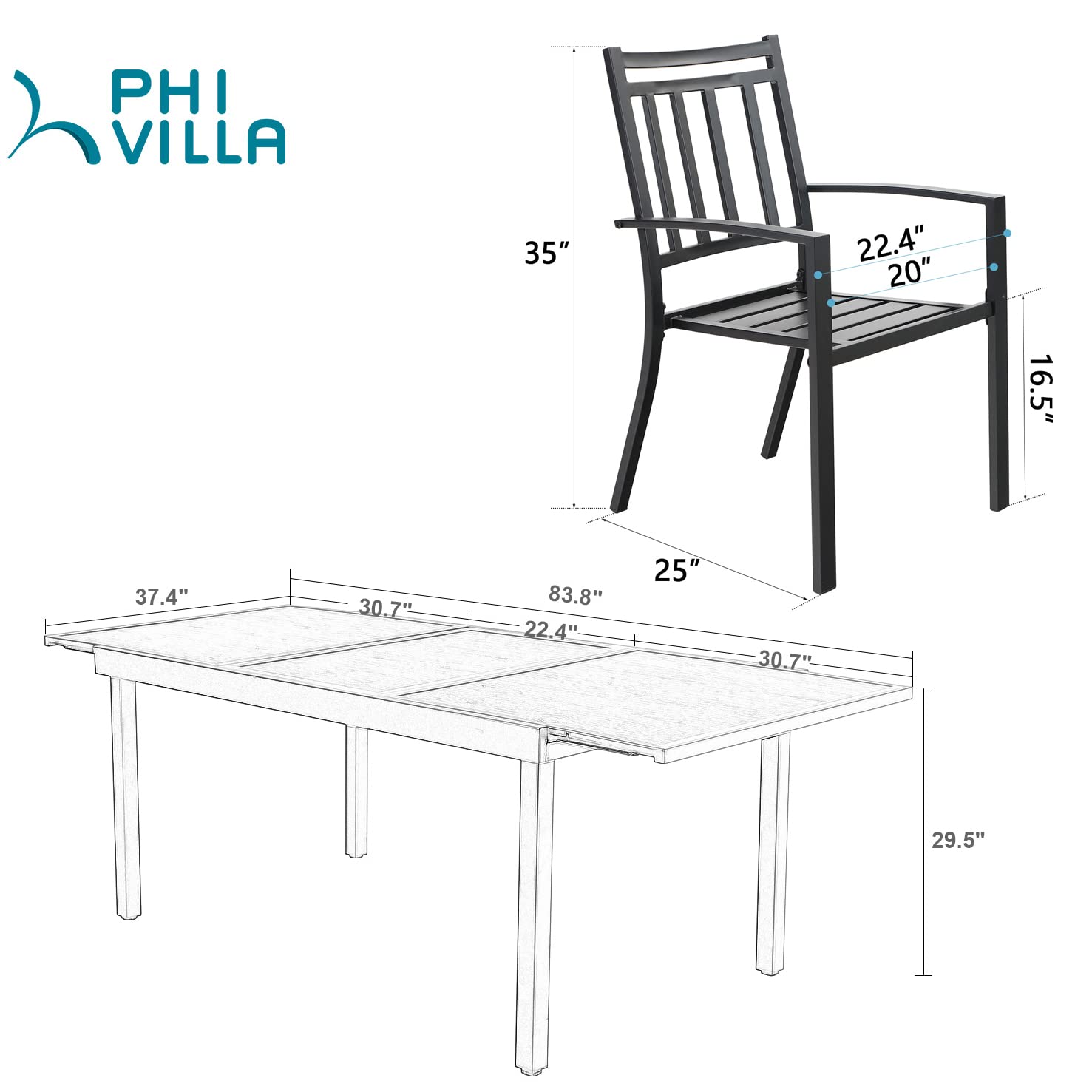 PHI VILLA 7-Piece Outdoor Dining Set with Extendable Table & 6 Heavy-Duty Patio Chairs (300 lb Capacity) - Perfect for Backyard, Garden, Patio & Bistro Outdoor Entertaining