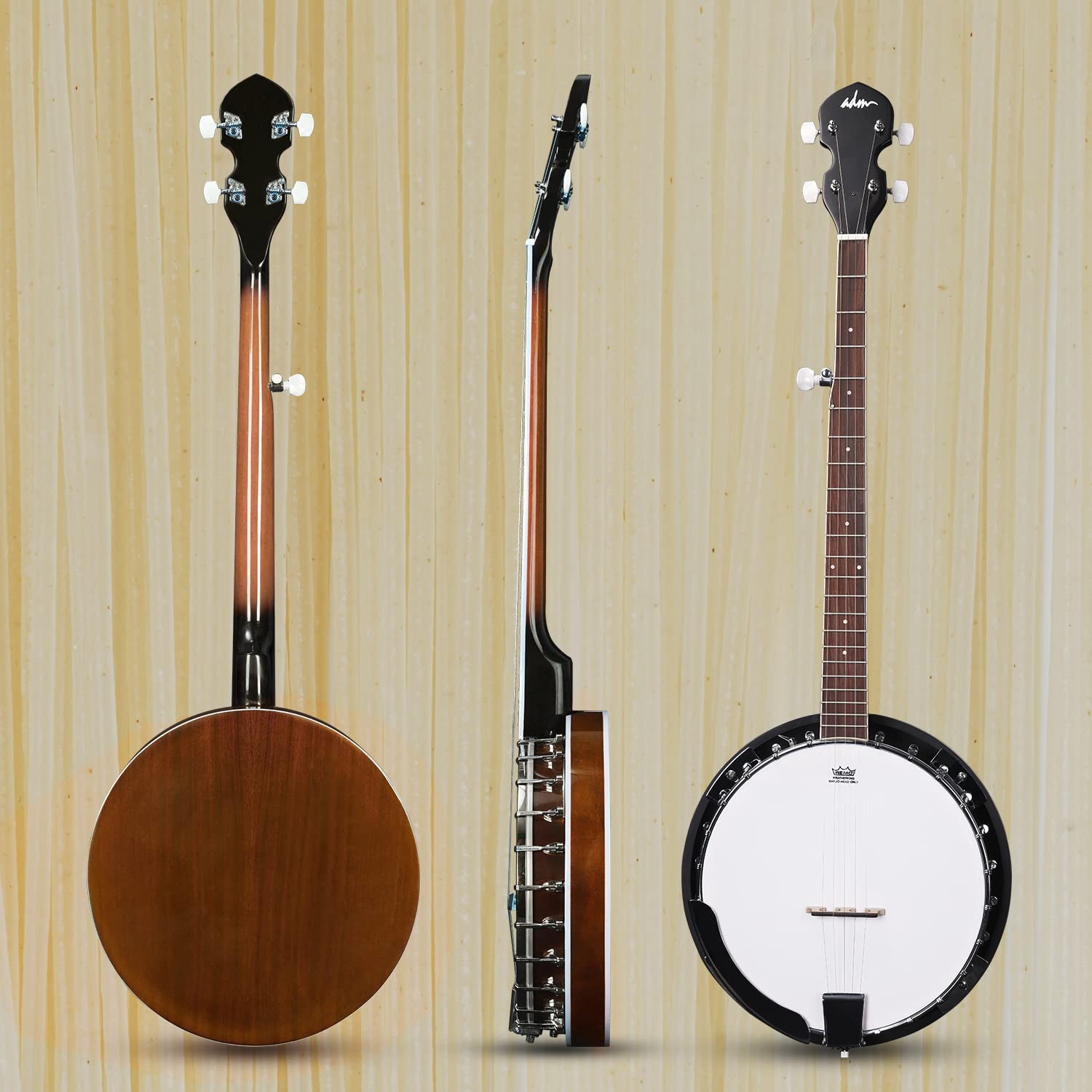 ADM 5-String Full Size Banjo Kit for Beginners - 38 Inch Resonator Banjo with Remo Drum Head, Open/Closed Back Options, Free Lessons & Starter Accessories - Perfect Gift for Adults & Teens (Brown) - Ideal for Bluegrass, Folk Music & Country Performances