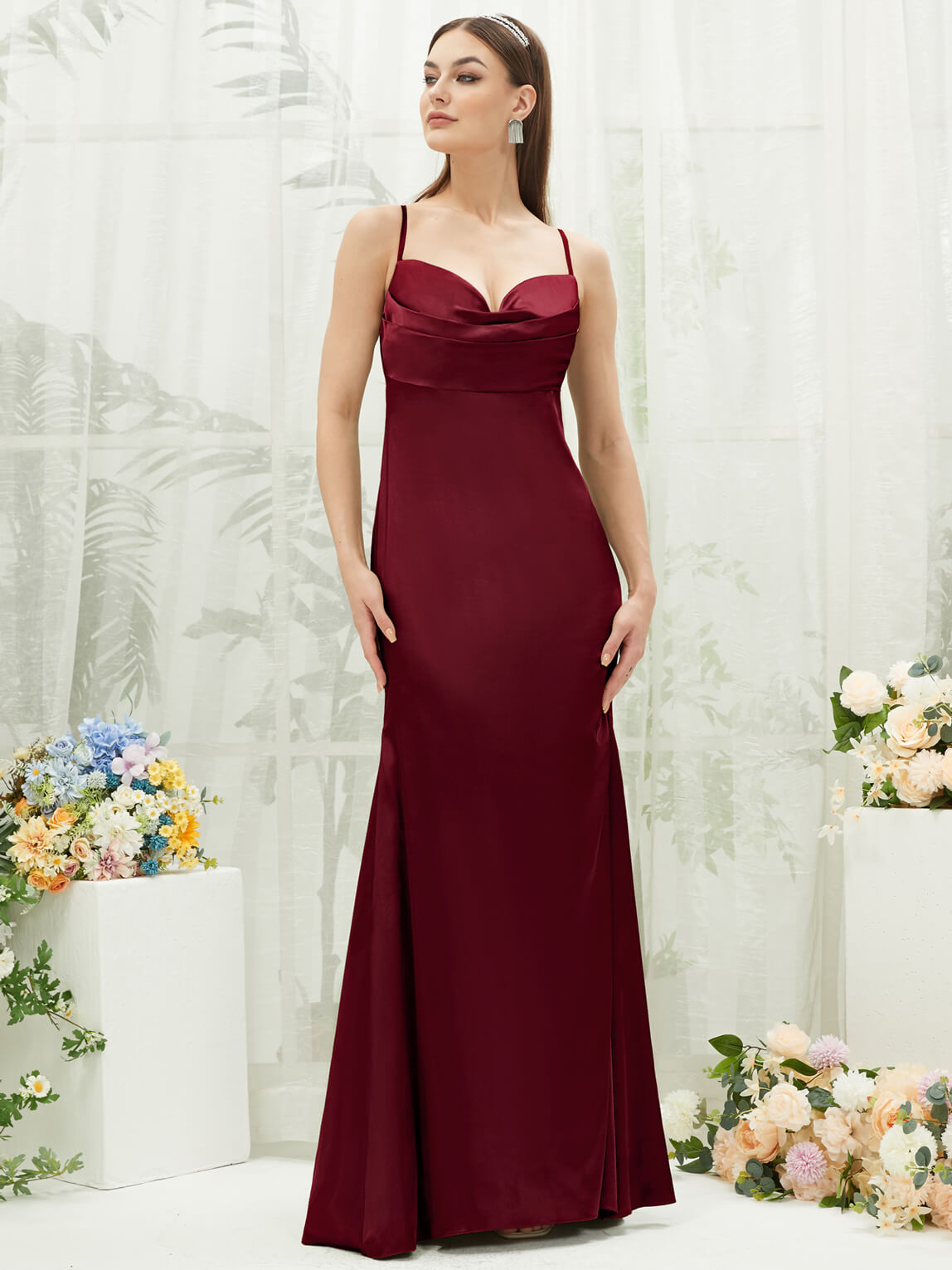 Elegant Burgundy Satin Cowl Neck Backless Long Bridesmaid Dress with Adjustable Straps - Perfect for Weddings, Formal Events & Evening Parties
